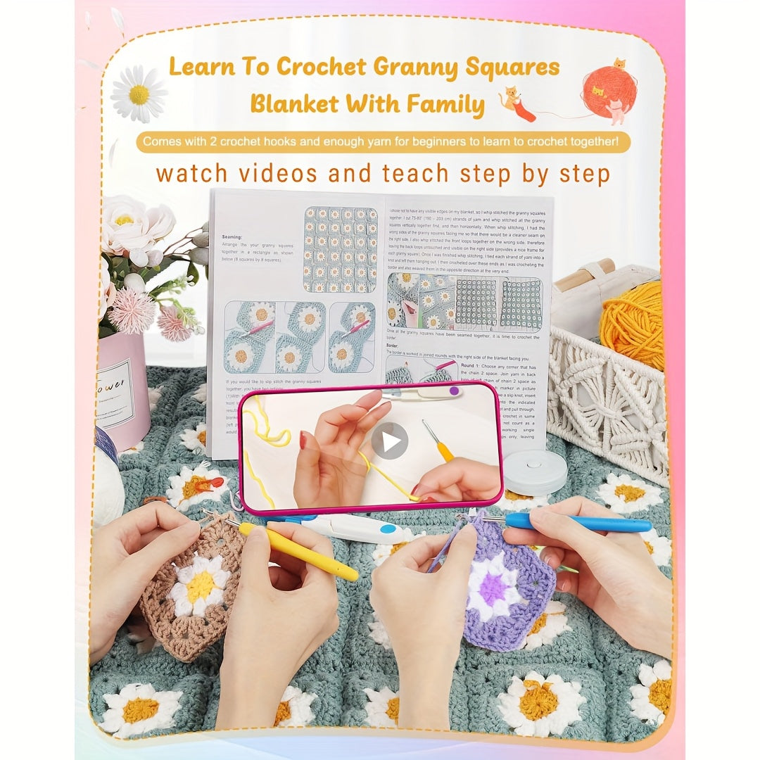 Beginner Crochet Blanket Kit With Granny Squares And Yarns