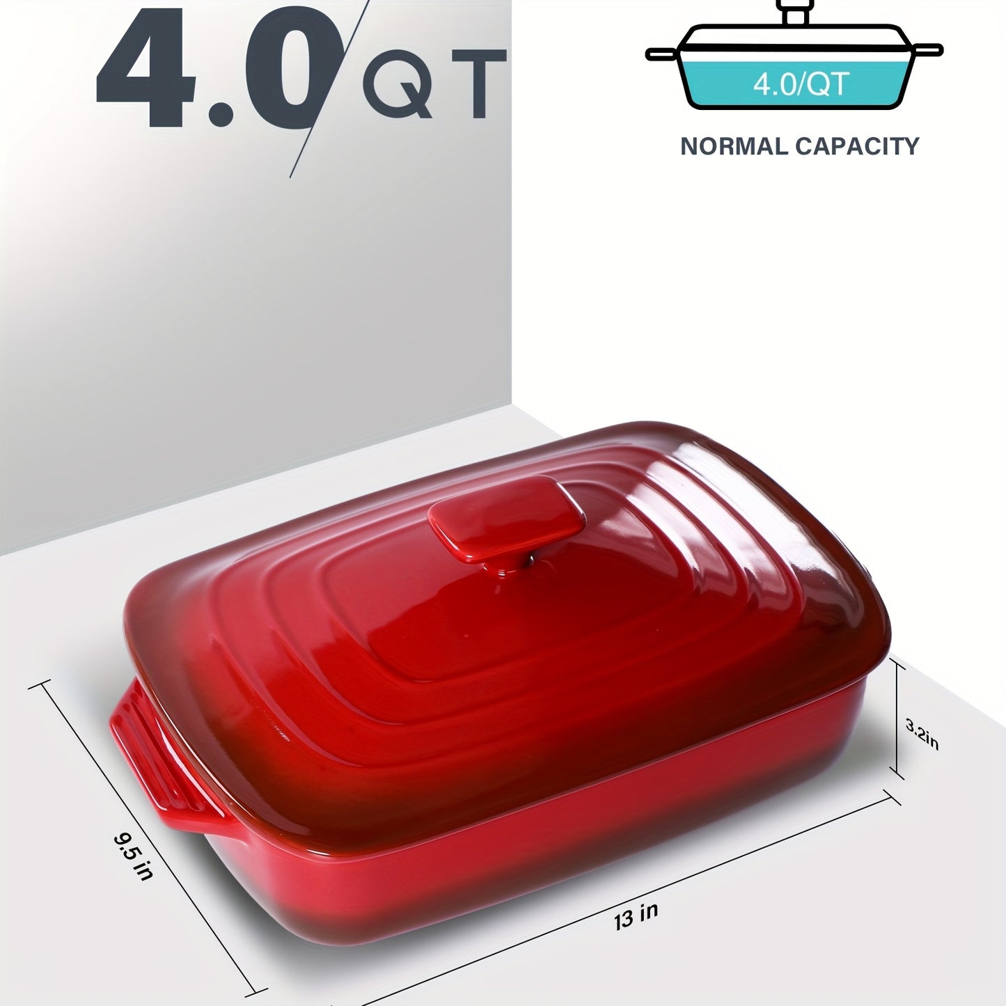 Red 4 Quart Rectangular Ceramic Casserole Dish Lid 9x13
