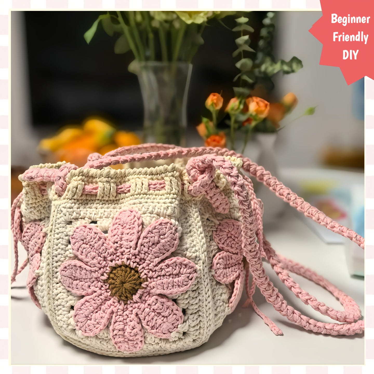 Pink Floral Crochet Bag DIY Kit With Video Tutorials