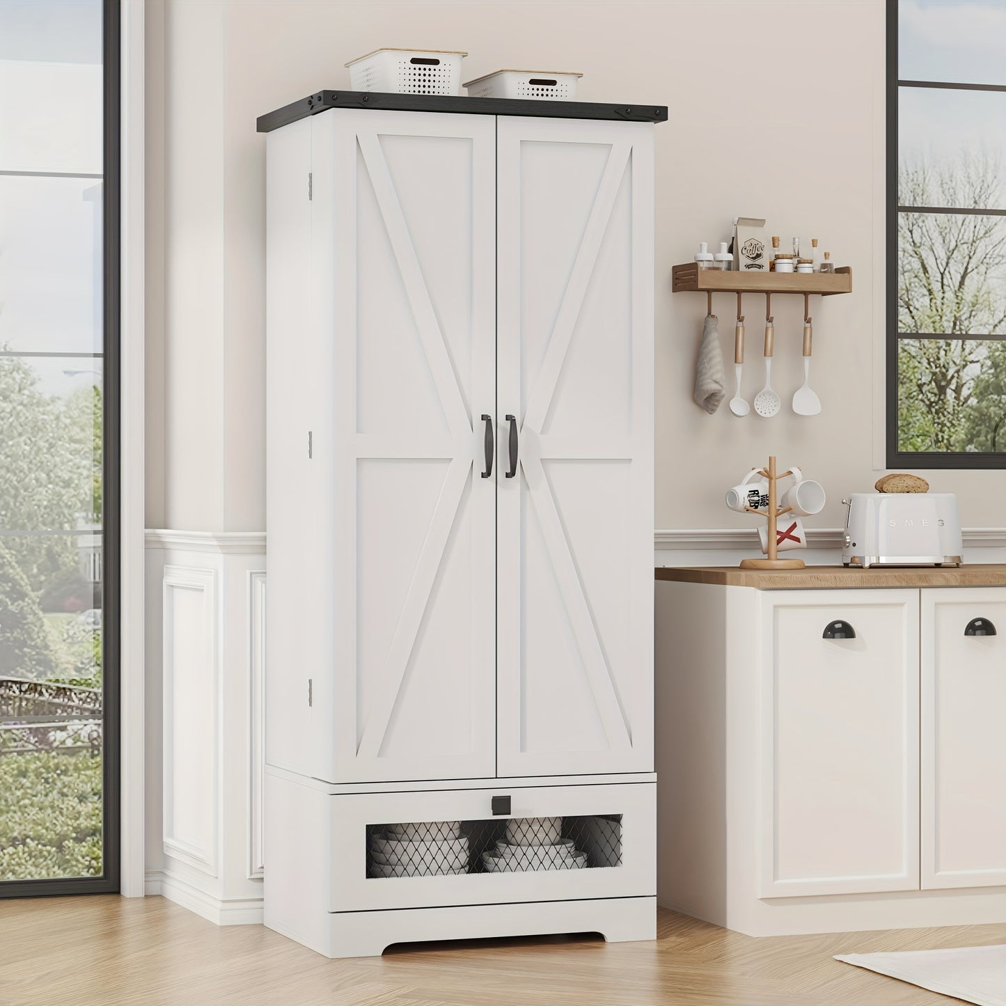 55 Inch Wooden Pantry Cabinet With Shelves And Drawer