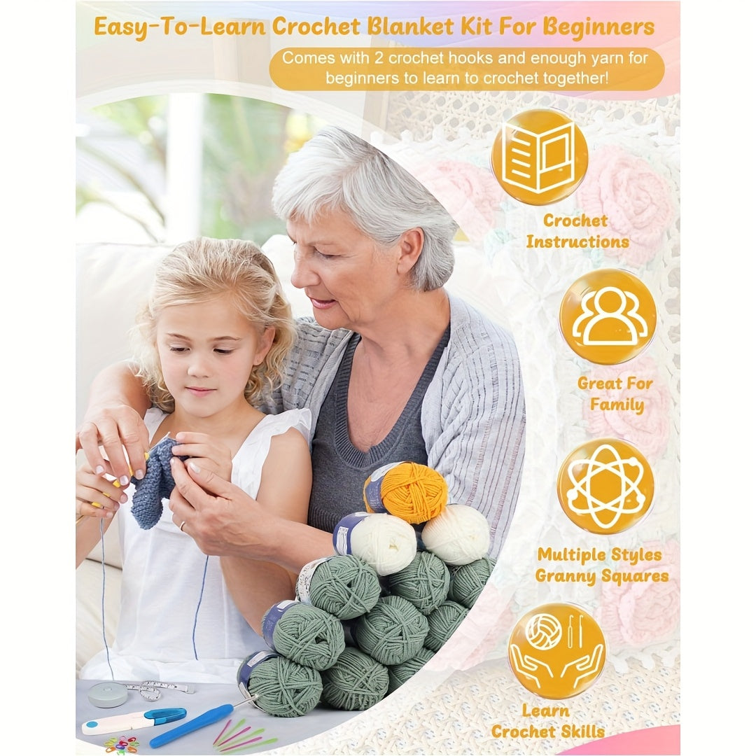 Beginner Crochet Blanket Kit With Granny Squares And Yarns