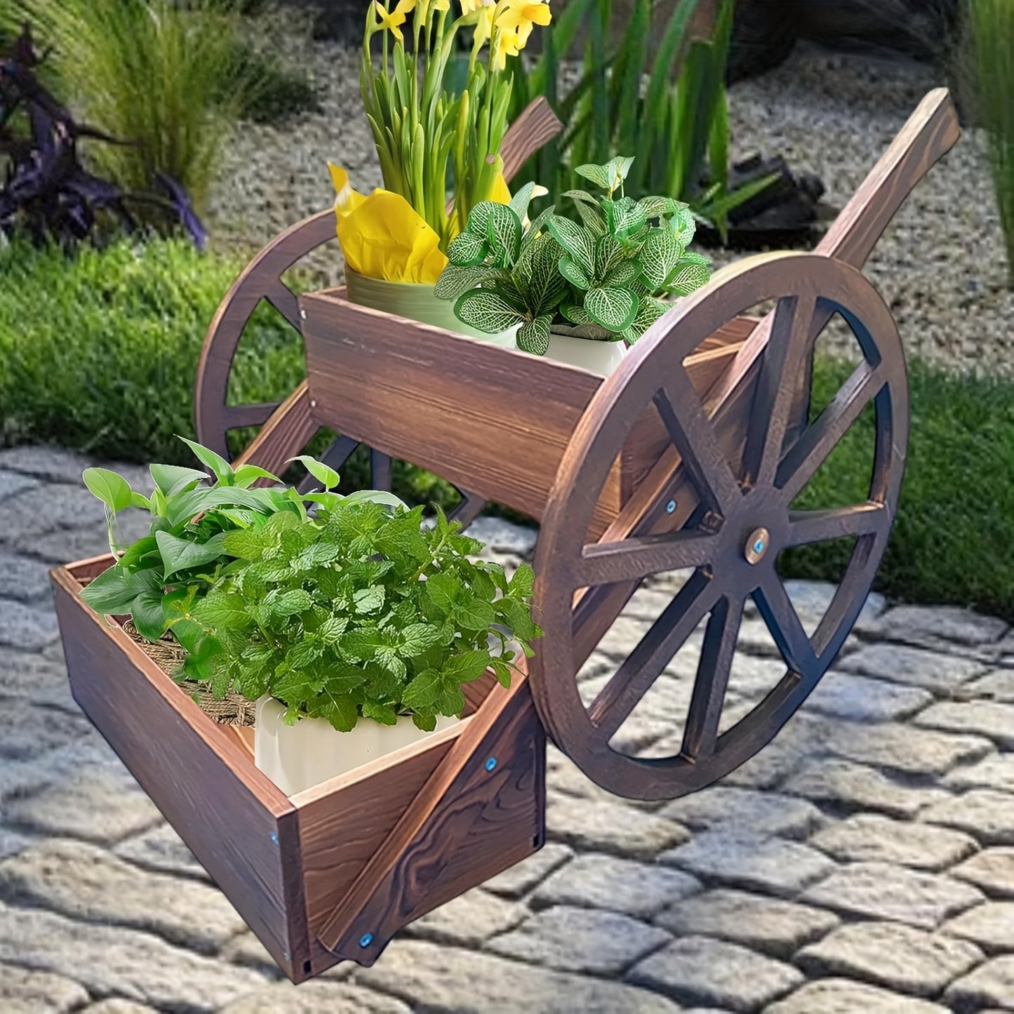 Decorative Wooden Wagon Planter for Indoor Outdoor Gardens