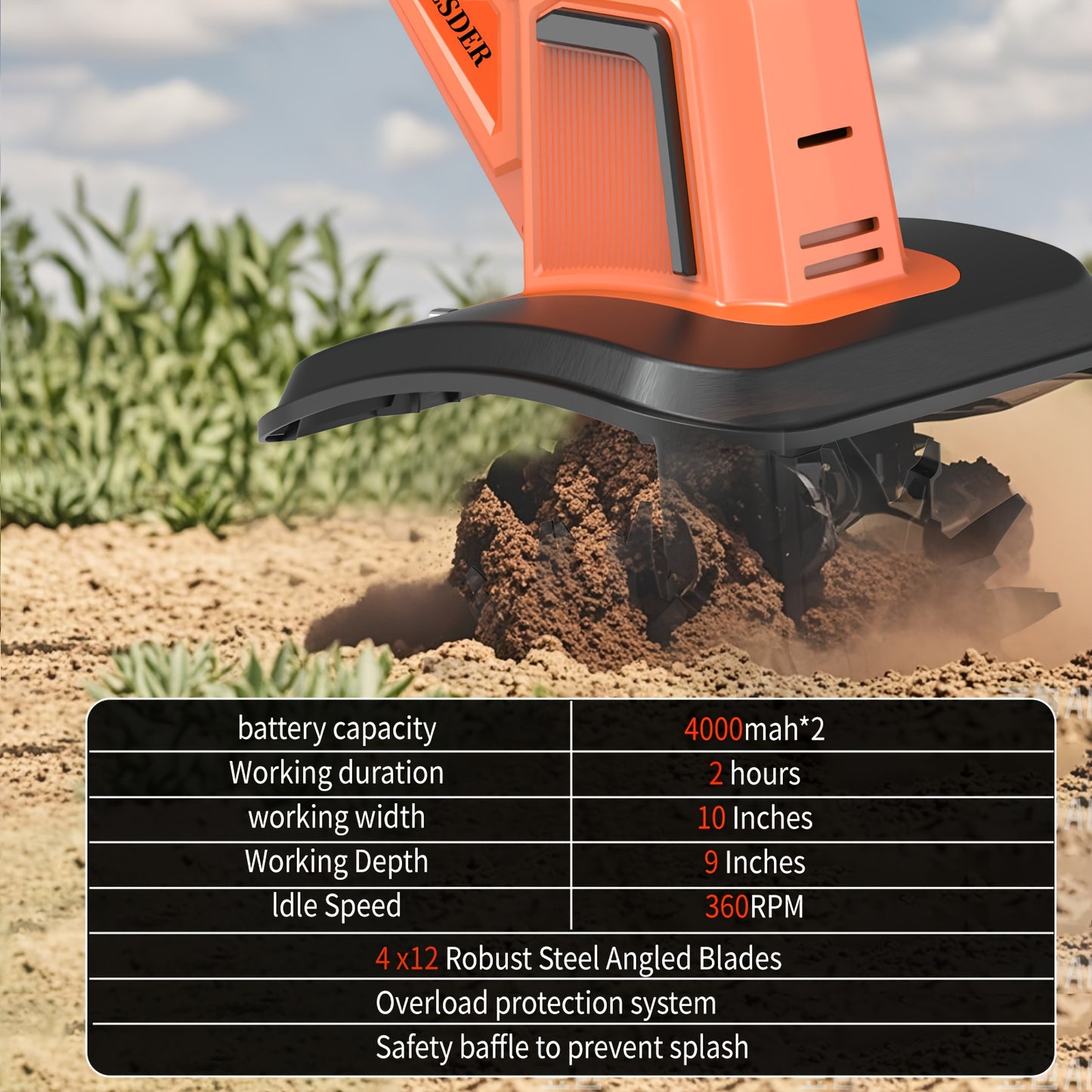 20V Cordless Tiller Cultivator With 9 Inch 4 Steel Tines