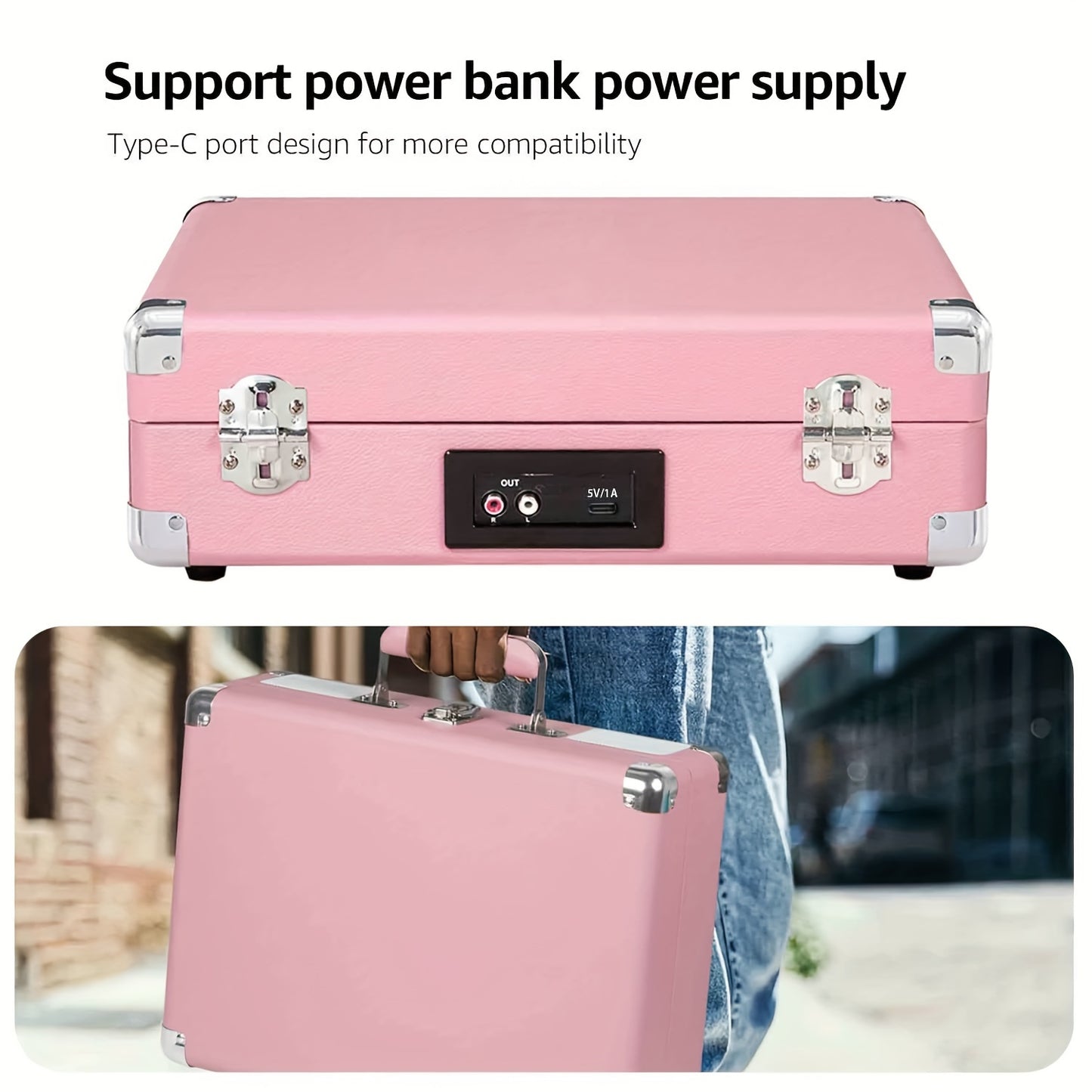 Pink Portable Bluetooth Vinyl Record Player 3 Speed Battery