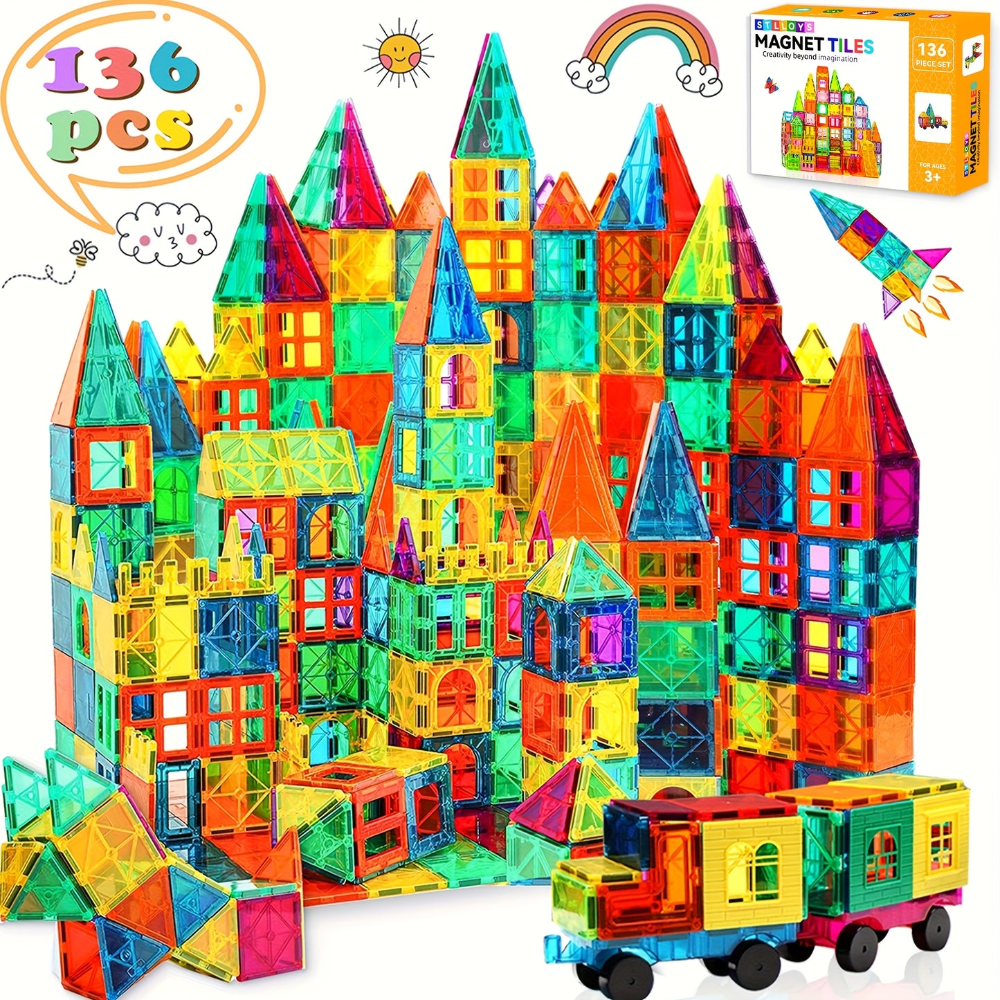 Magnetic Tiles Building Blocks Set 136 106 Pieces STEM Toys