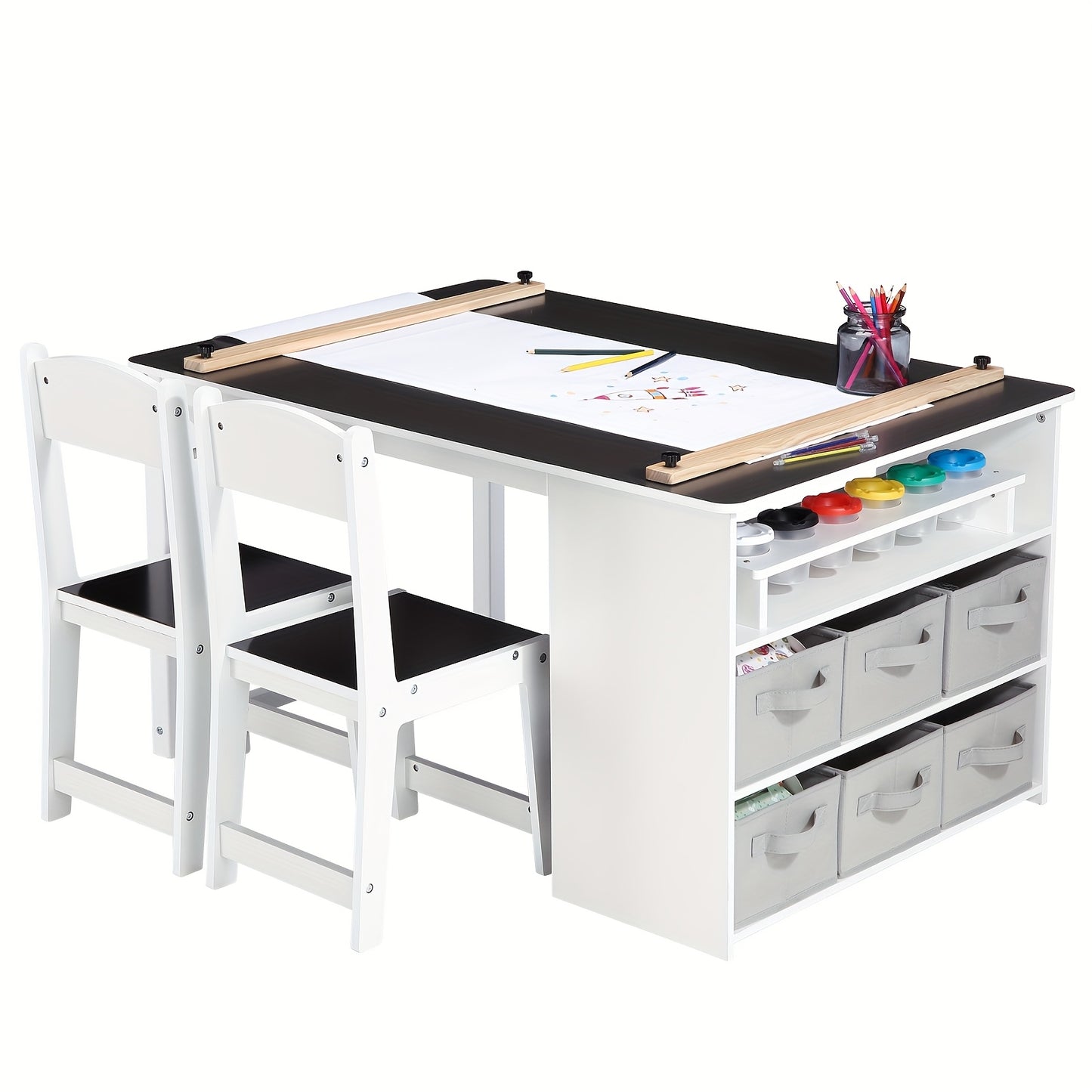 Wooden Art Table With 2 Chairs And Storage Bins For Crafts