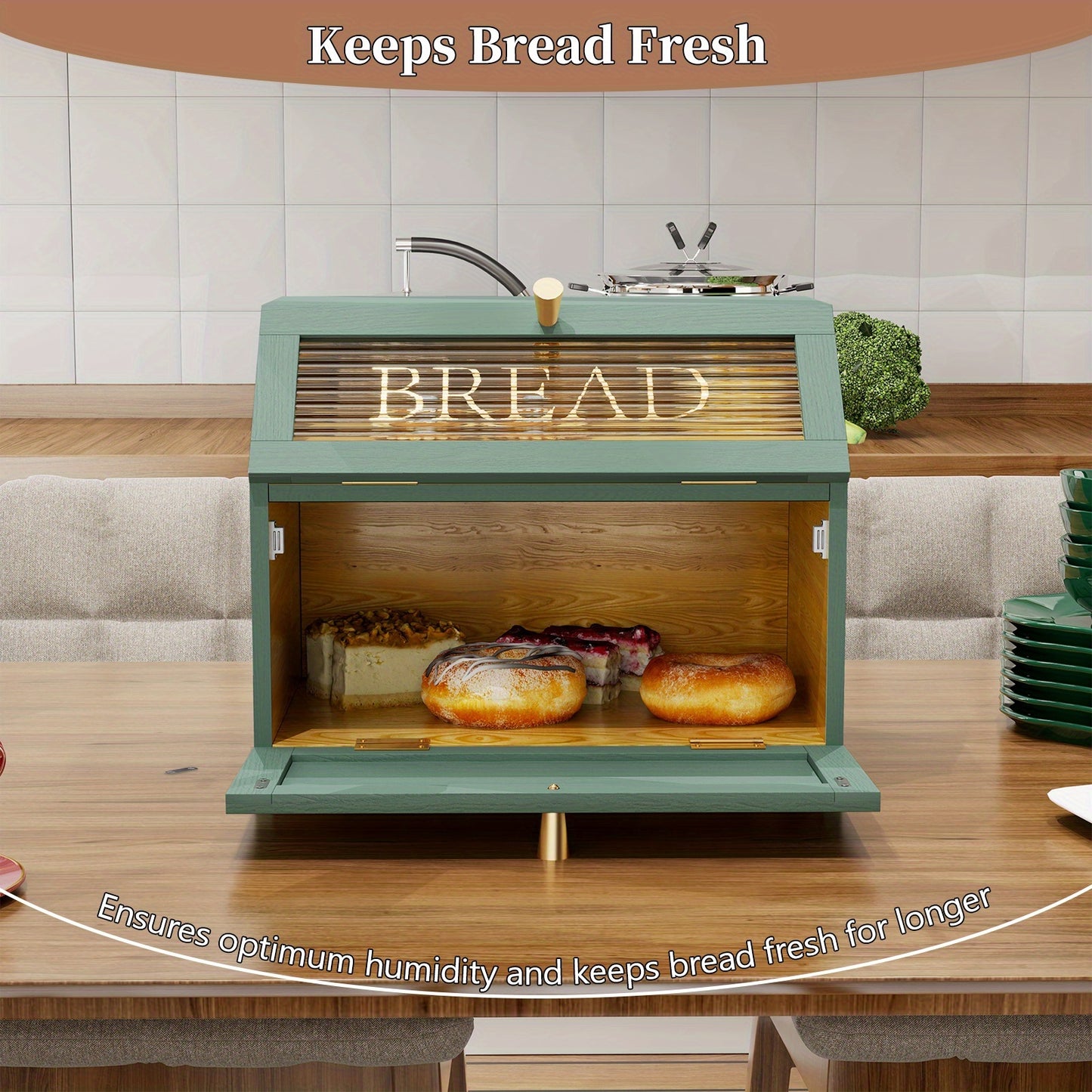 Golden Trim Wooden Bread Box For Kitchen Countertop Storage