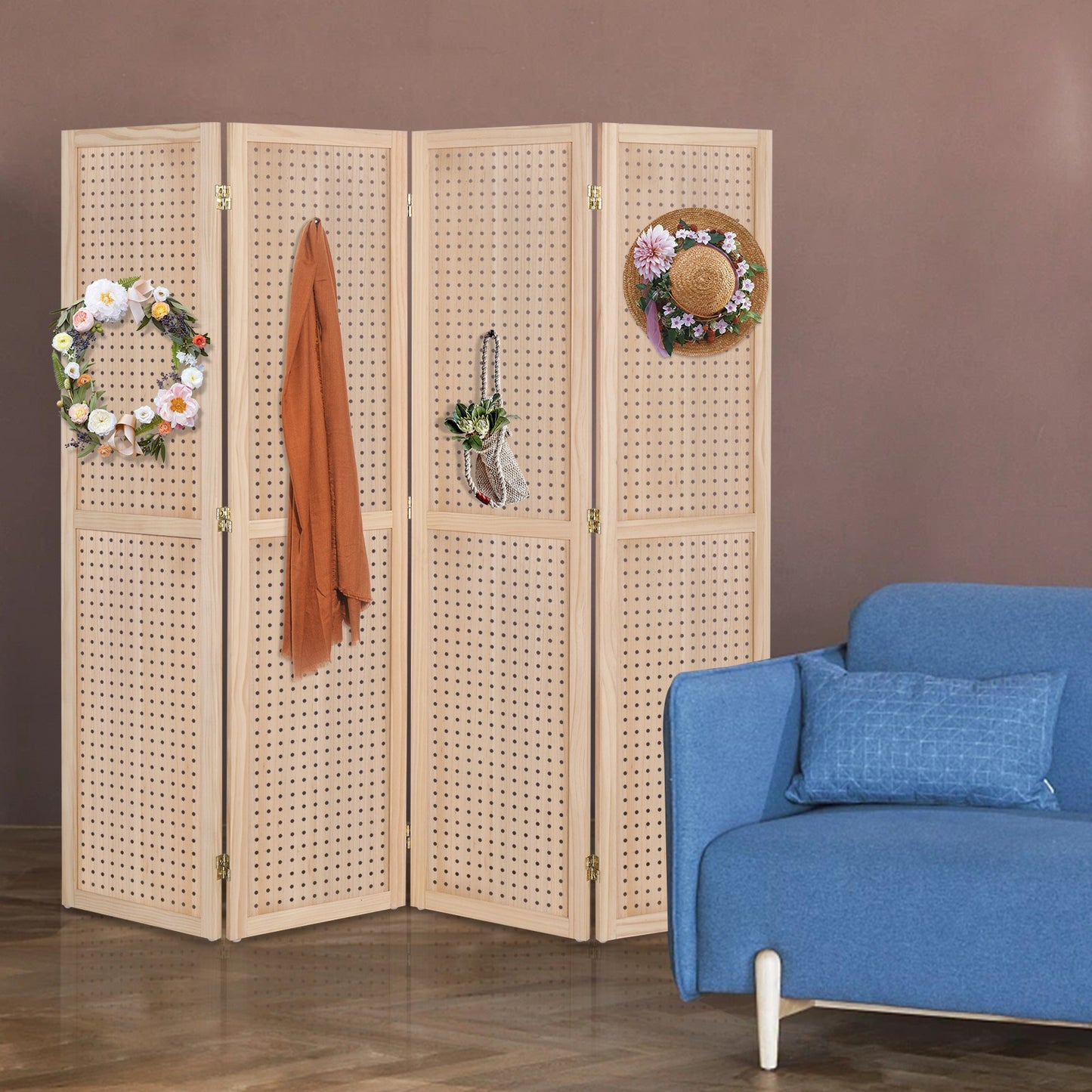 5 Ft Wood Freestanding Pegboard Room Divider Organizer