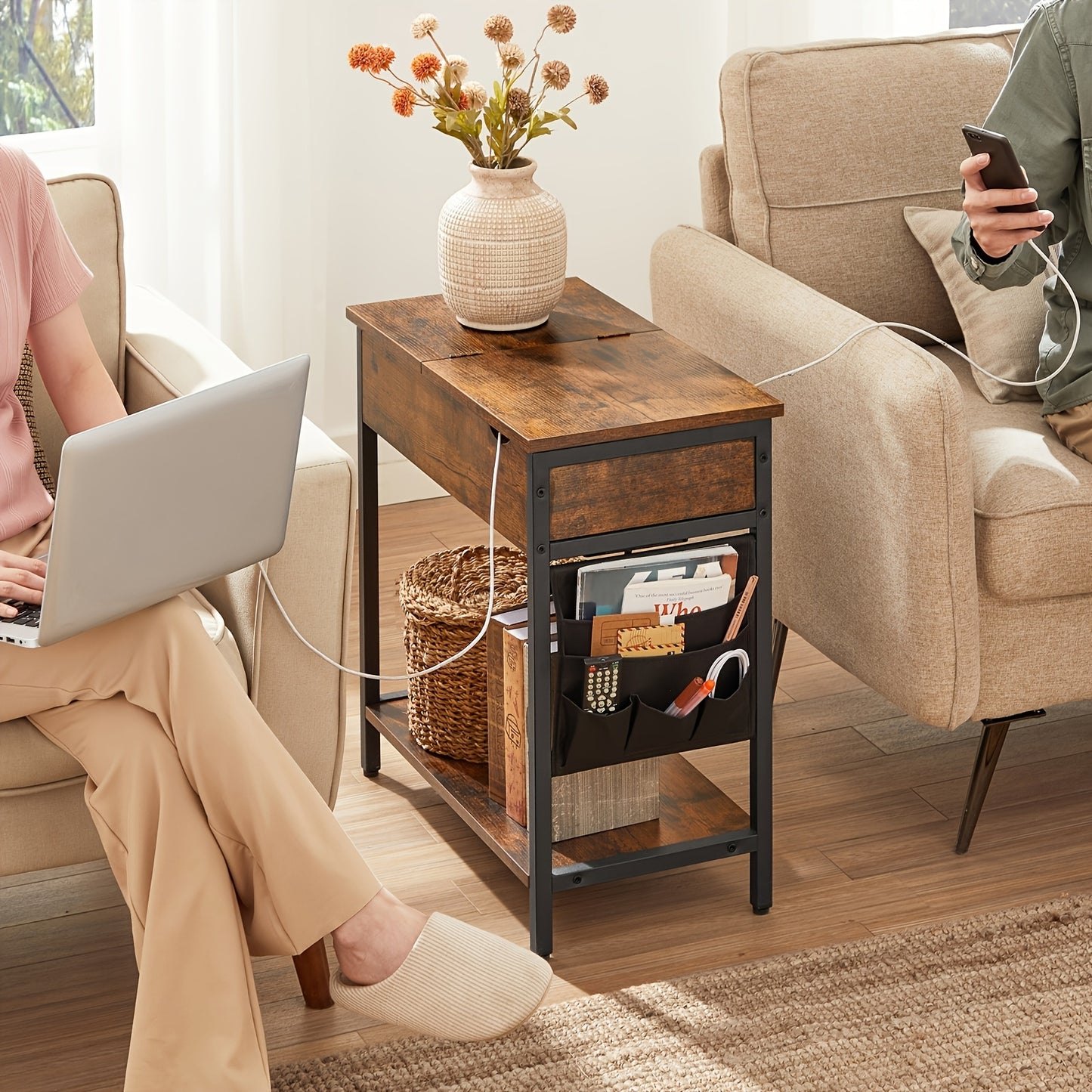 VASAGLE End Table With Storage And Charging Station For Living Room And Bedroom, Compact Side Table With Drawer