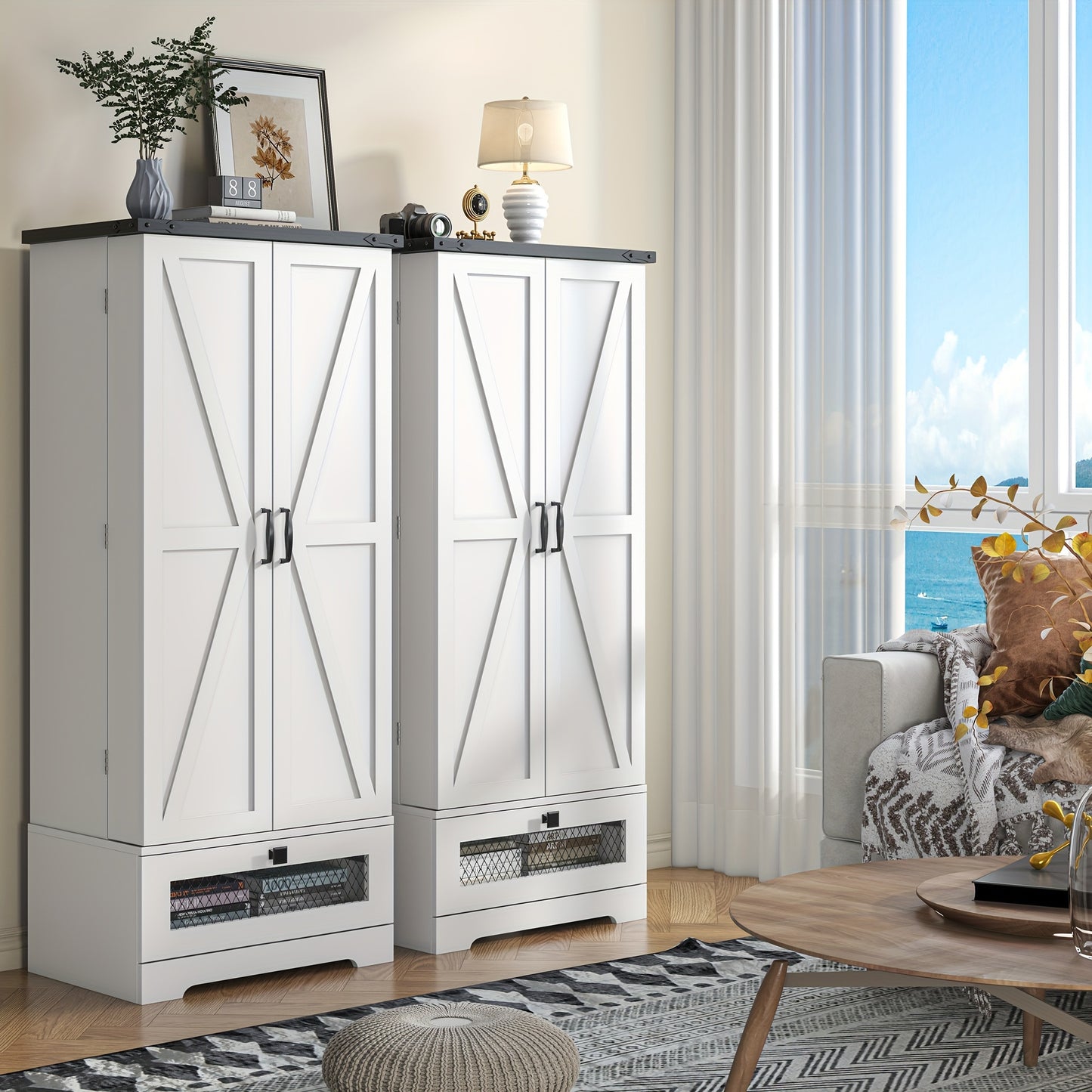 55 Inch Wooden Pantry Cabinet With Shelves And Drawer