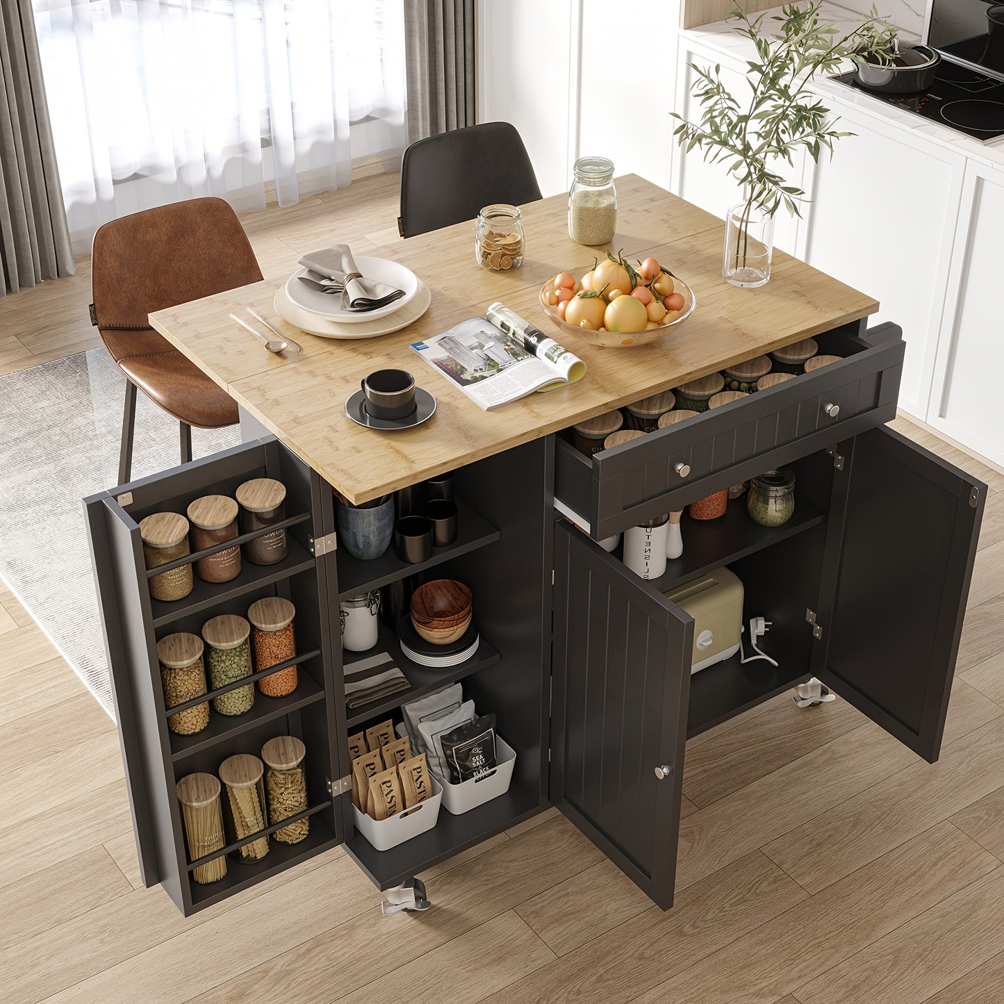 Kitchen Island With Drop Leaf On Wheels And Storage Cabinet