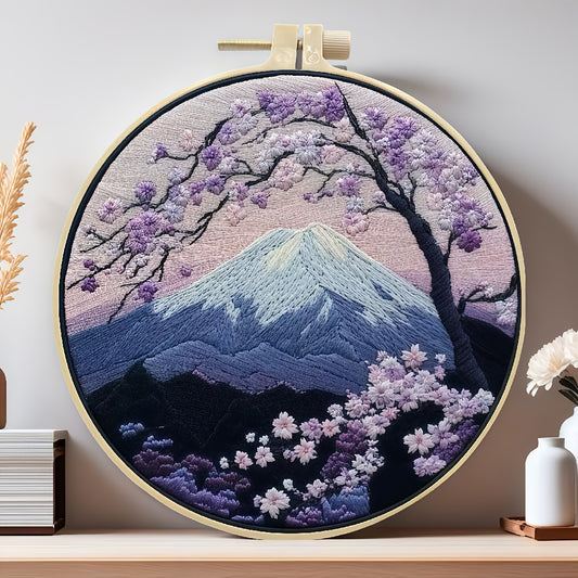 Mount Fuji Cherry Blossom Landscape Embroidery Kit With Pre Printed Fabric Hoop And Threads For Beginners
