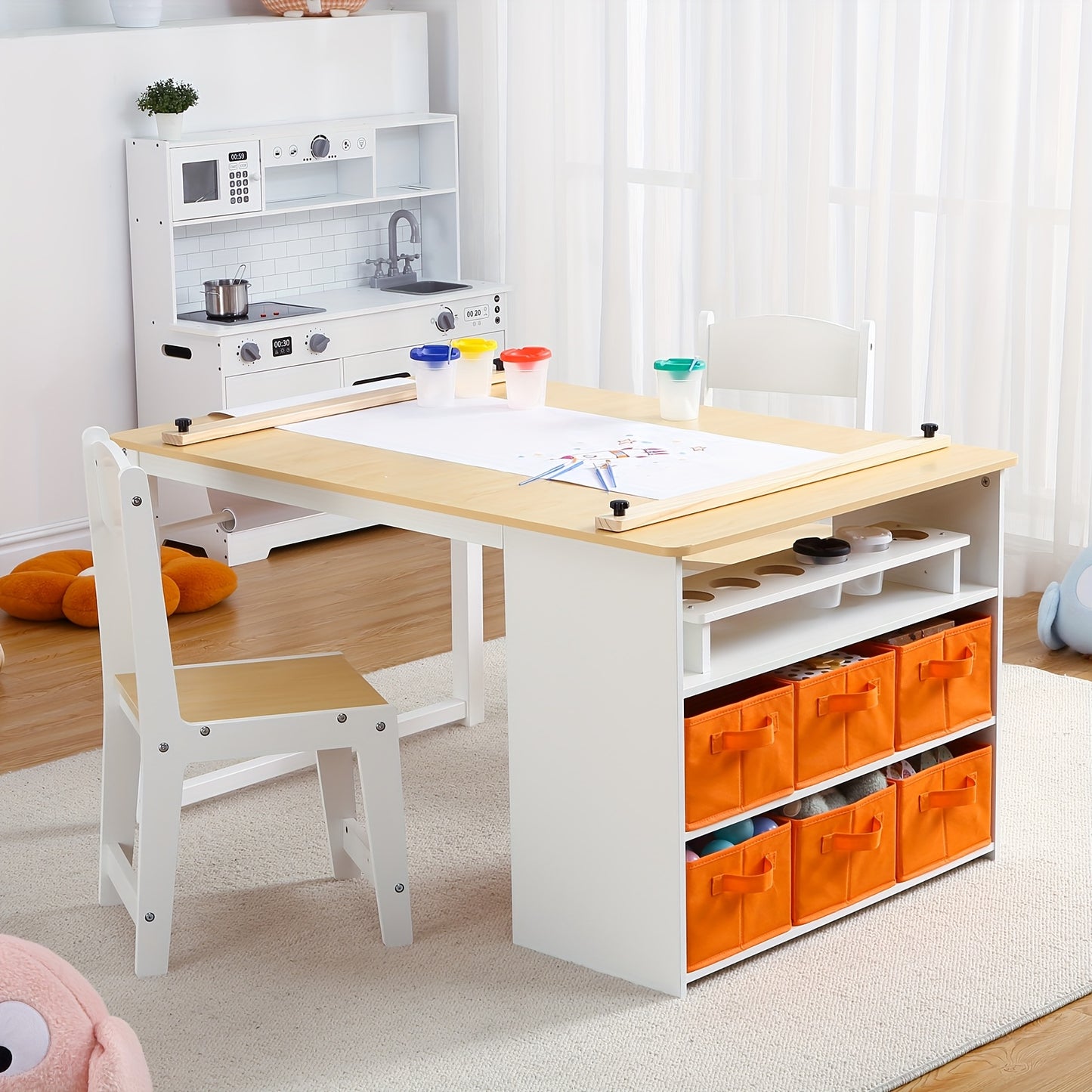 Wooden Art Table With 2 Chairs And Storage Bins For Crafts