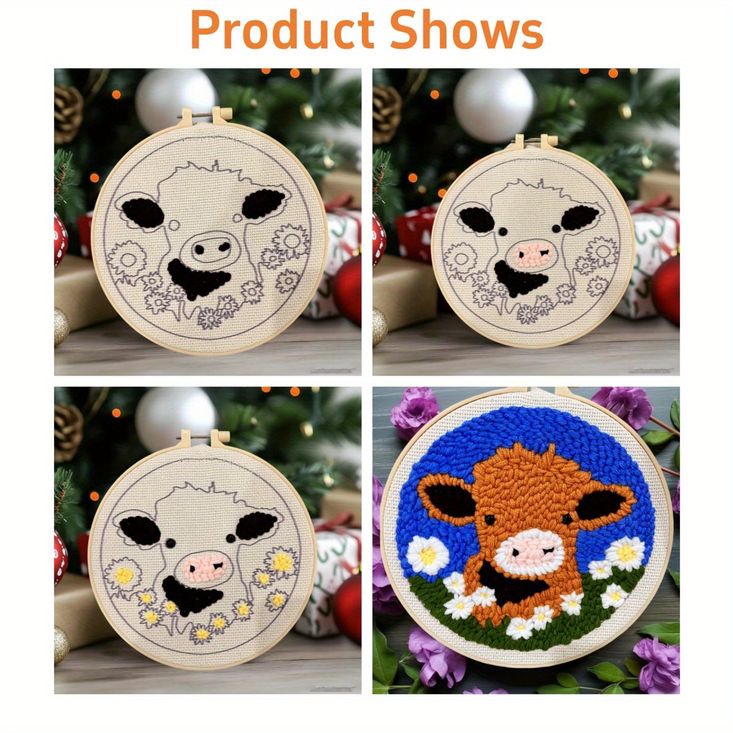 DIY Punch Needle Kit Cartoon Highland Cow Daisy Embroidery