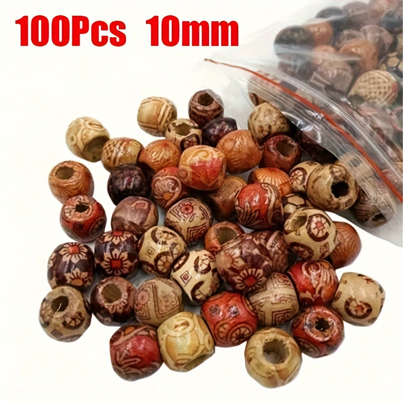 100 Pcs Wooden Beads Set Assorted Tribal Patterns For DIY