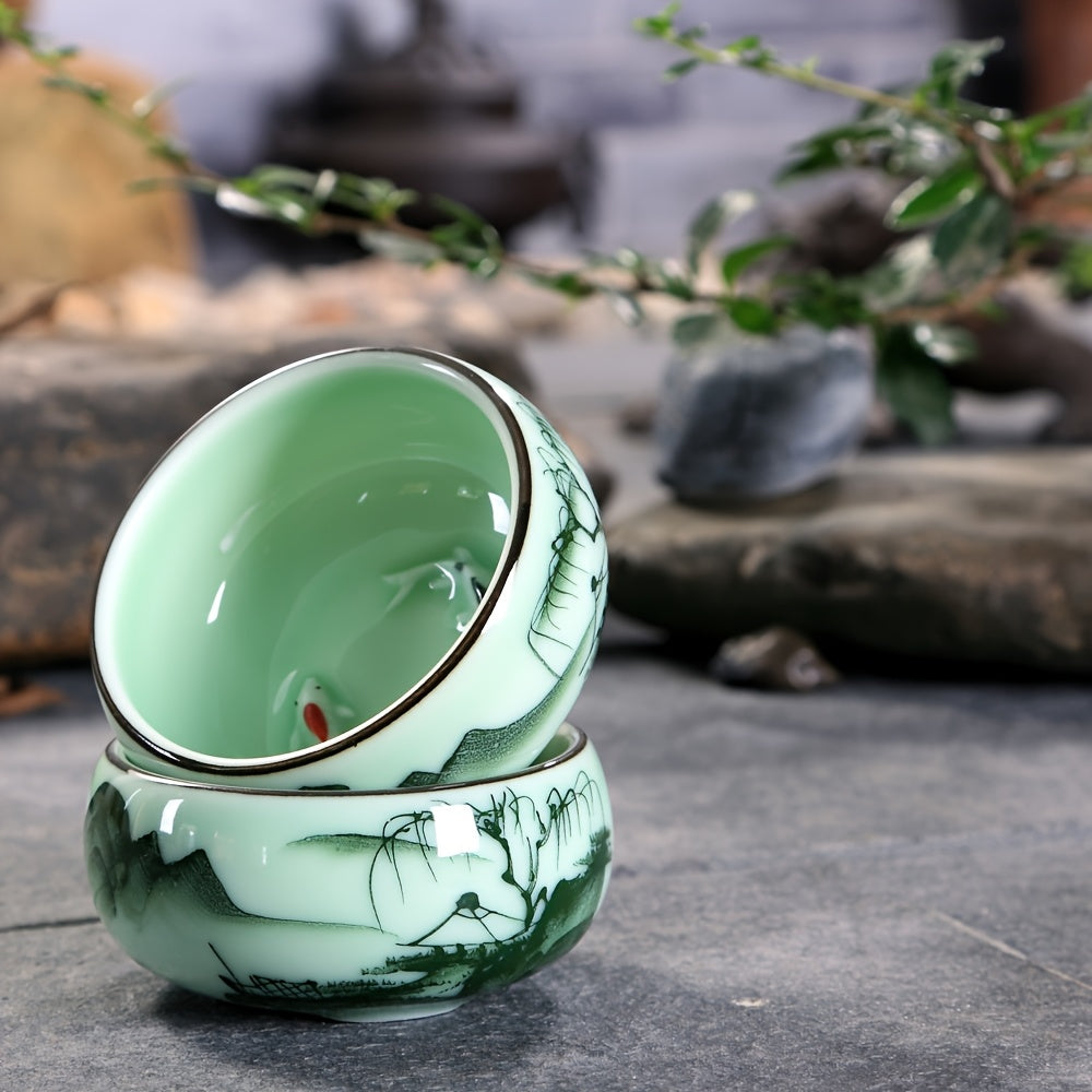 Celadon Ceramic Tea Cups Set 3pc Hand Painted Landscape