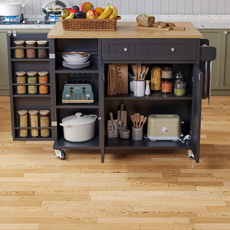 Kitchen Island With Drop Leaf On Wheels And Storage Cabinet