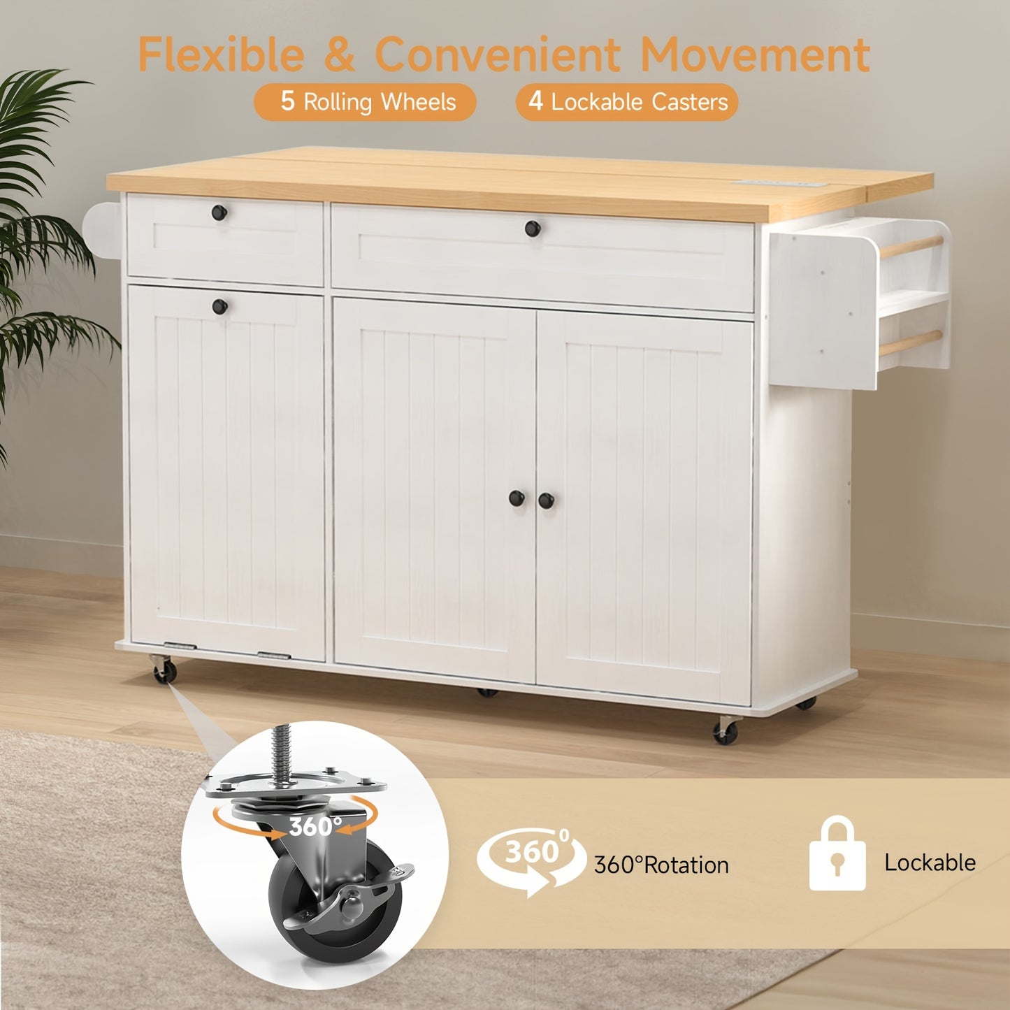60 Inch Mobile Kitchen Island Cart With Power Outlet