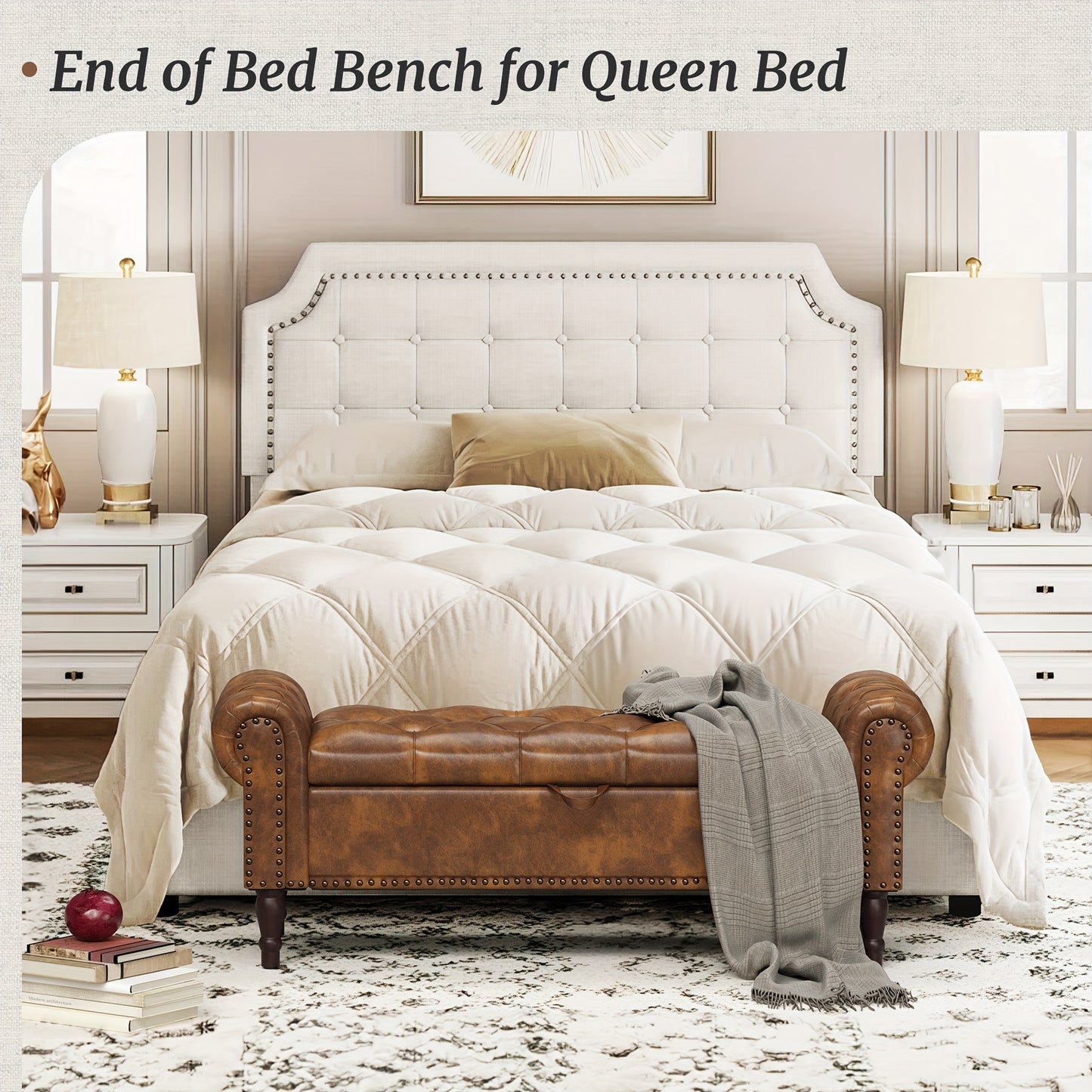 Storage Bench Ottoman 50 Inch Linen And Faux Leather