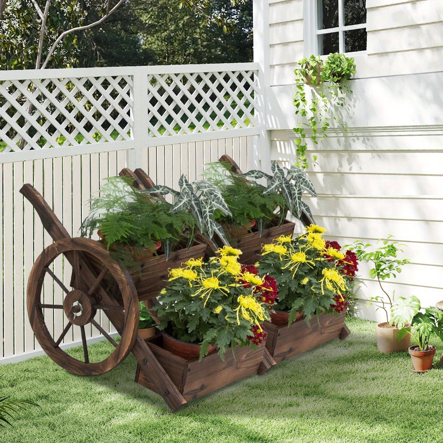 Decorative Wooden Wagon Planter for Indoor Outdoor Gardens