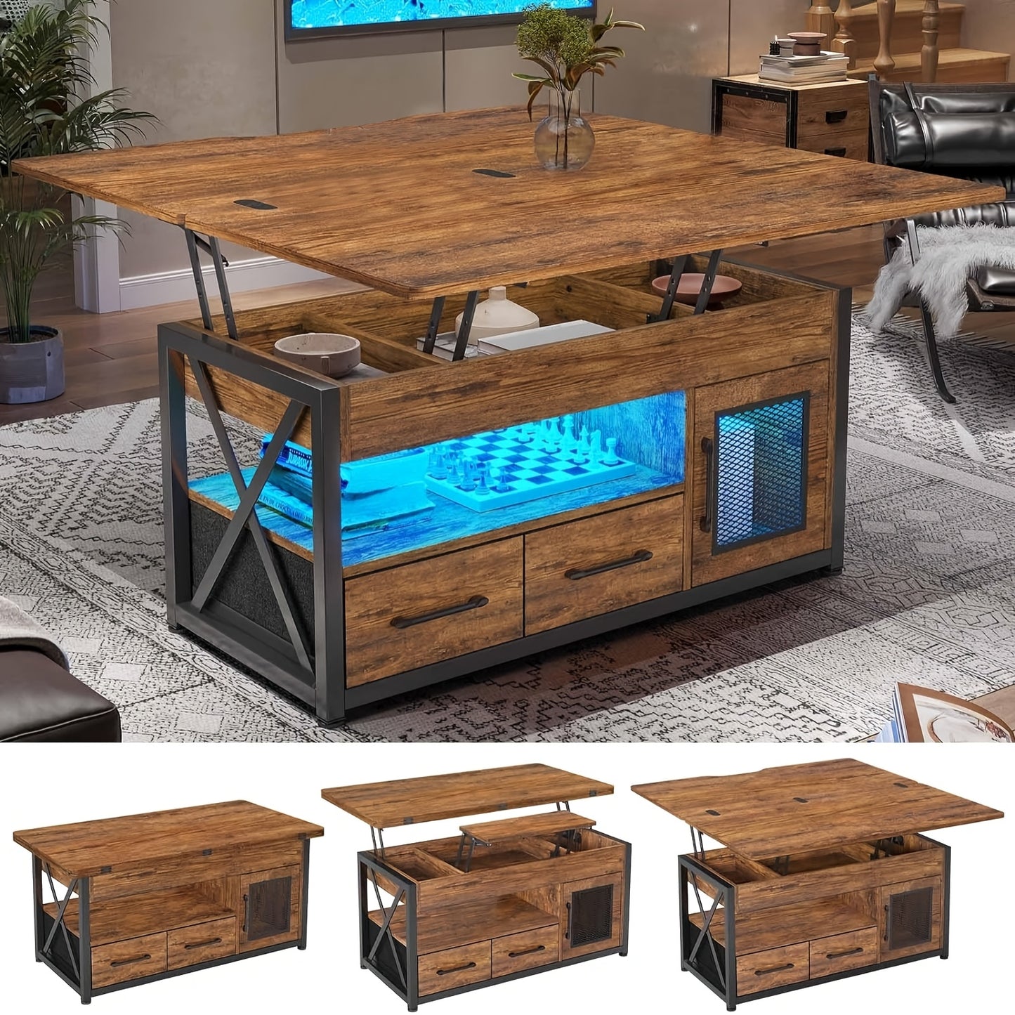 40 In Lift Top Coffee Table With Storage Drawers LED Light