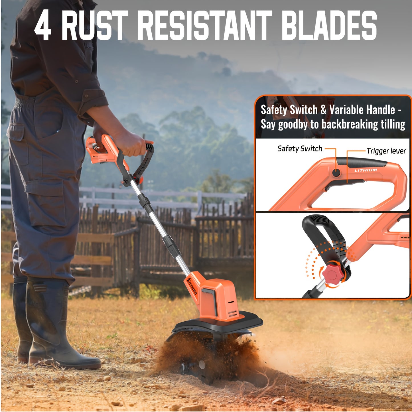 20V Cordless Tiller Cultivator With 9 Inch 4 Steel Tines