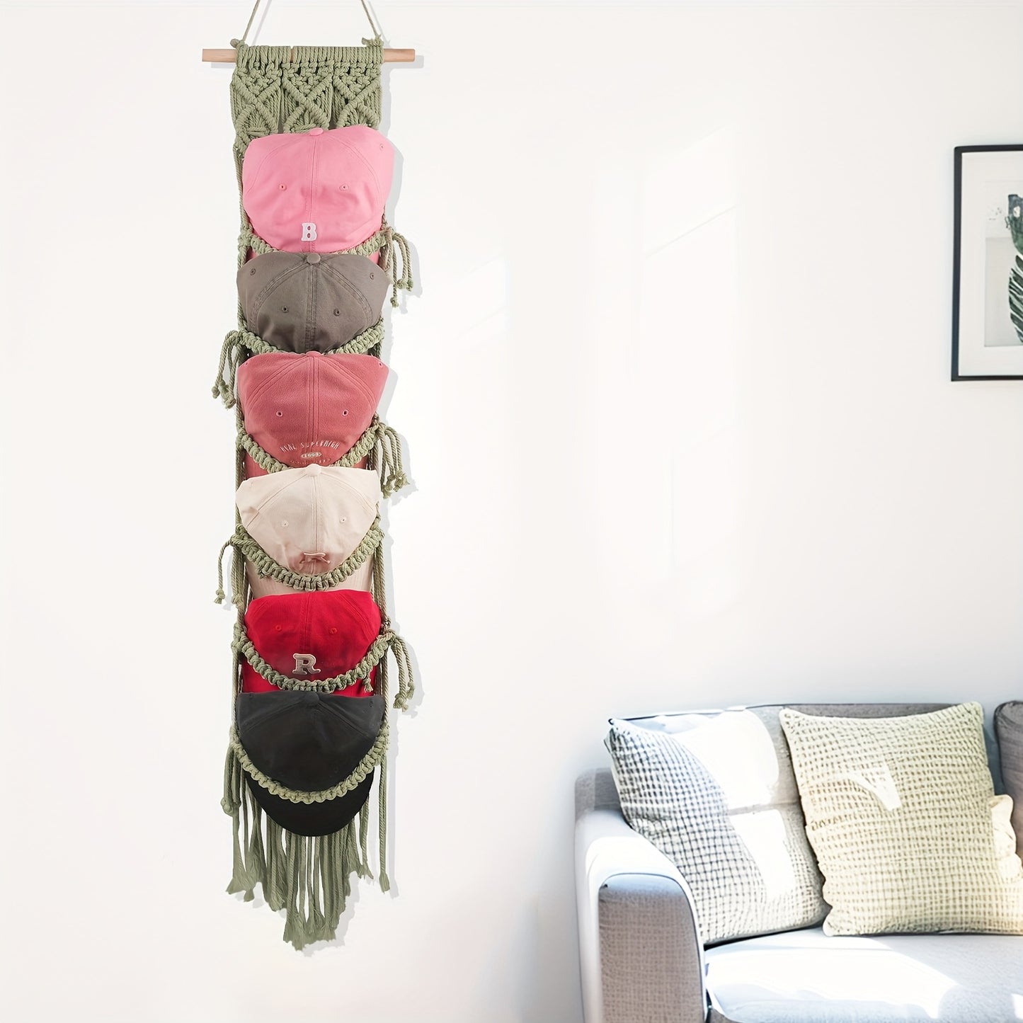 Wooden Wall Mount Hat Rack With Macrame Tassels Foldable