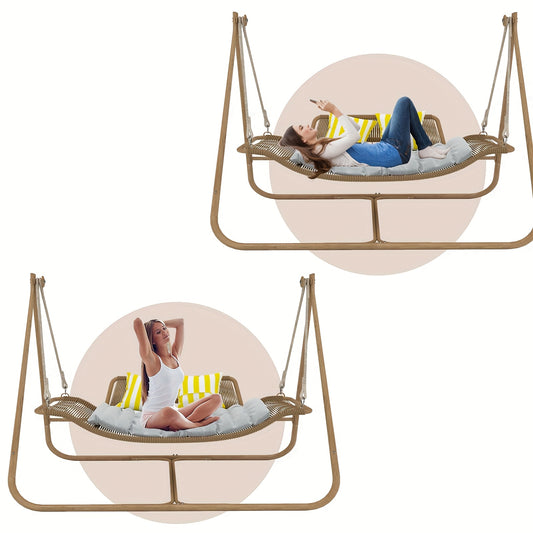 JESE Oversized Hammock Swing Chair With Stand Cushioned Patio Outdoor Lounge 570 Lbs Capacity Anti Rust Wood Grain Frame