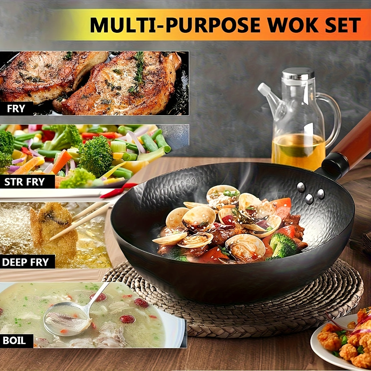 Hihegd Cast Iron Wok Set 14 Piece Induction Safe With Lid
