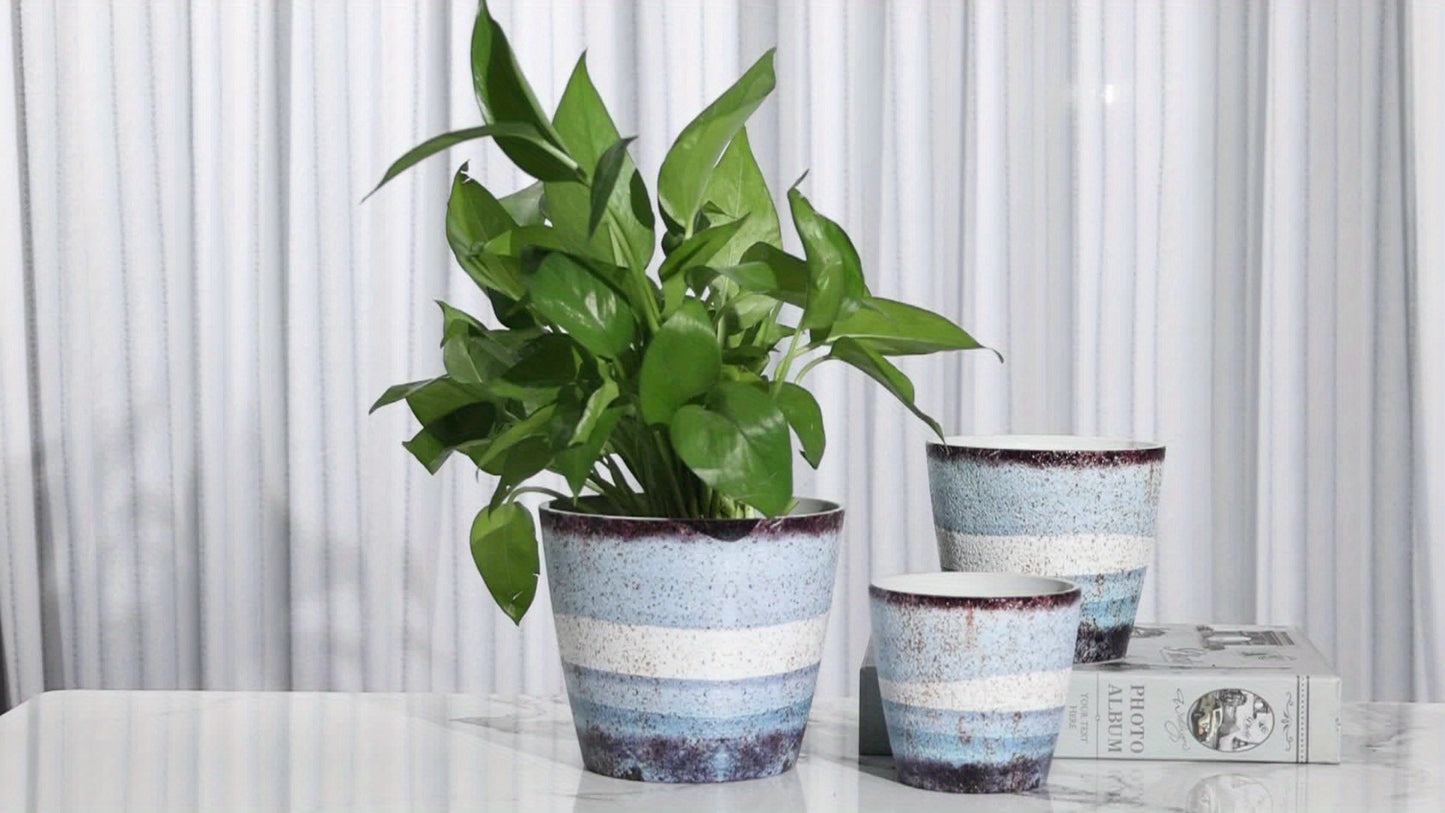 3-Piece PolyStone Modern Round Planters, Indoor Outdoor