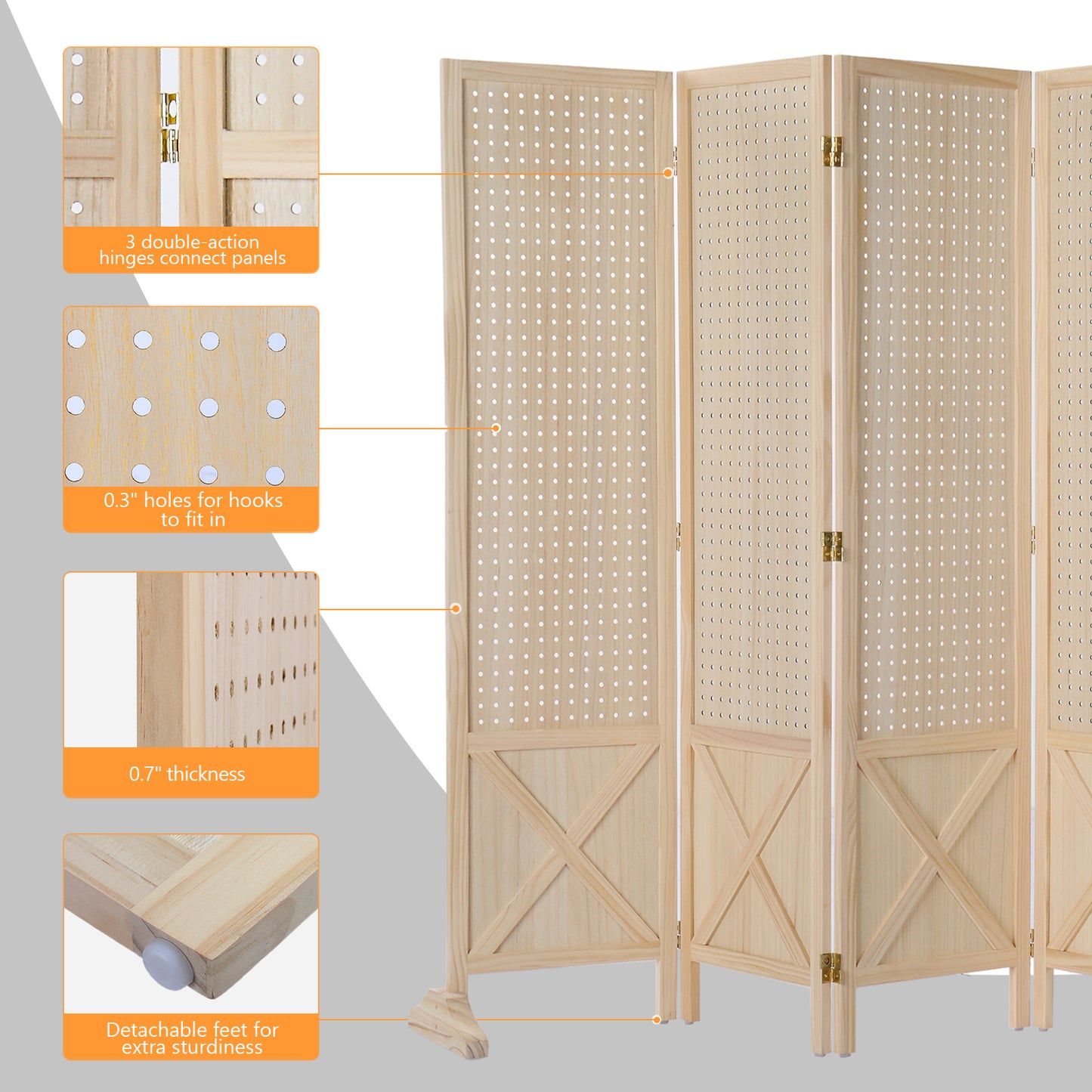 Vingli 60 Inch Freestanding Wood Pegboard Room Divider