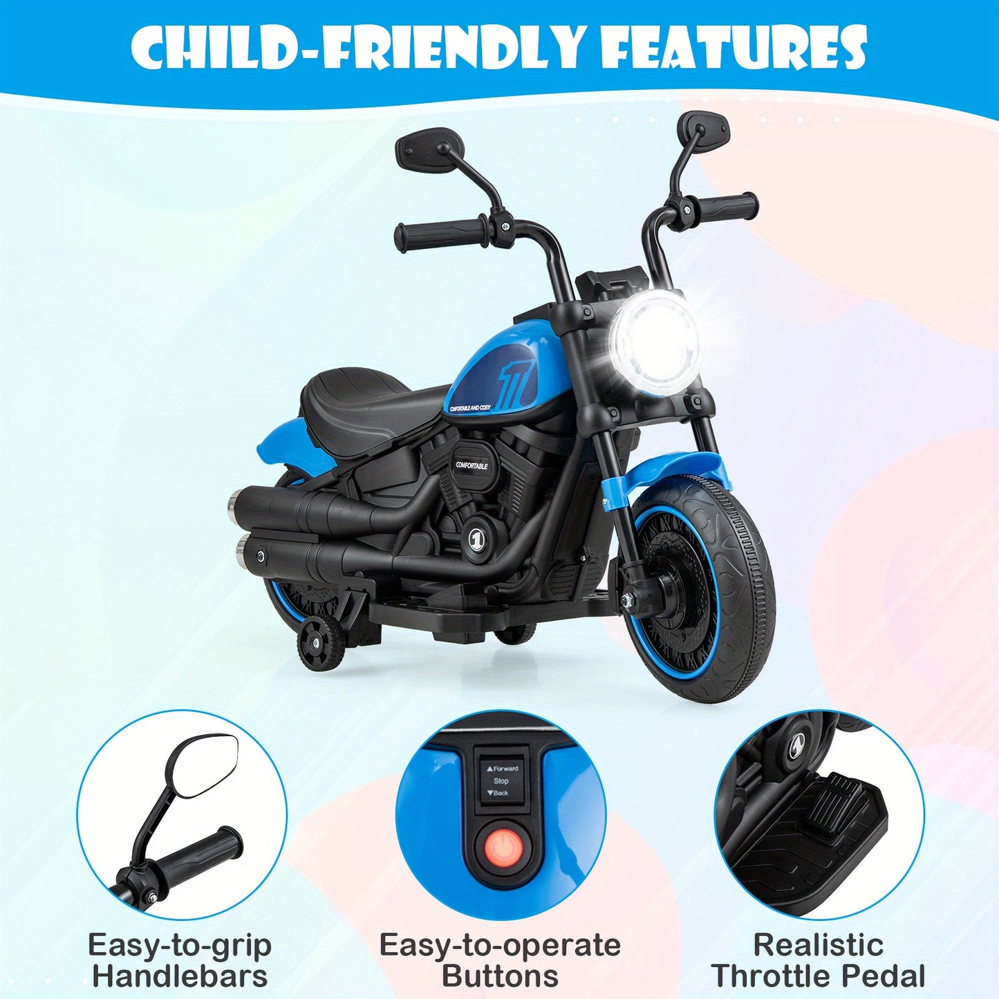 COSTWAY 6V Kids Ride Motorcycle With Training Wheels Navy