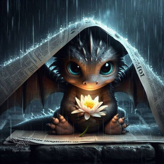 Cute Baby Dragon 5D Diamond Painting Kit With Lotus Decor