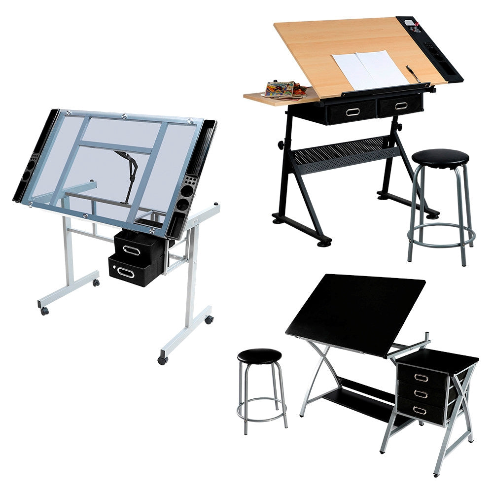 Costoffs Adjustable Glass Art Desk With Wheels And Drawers