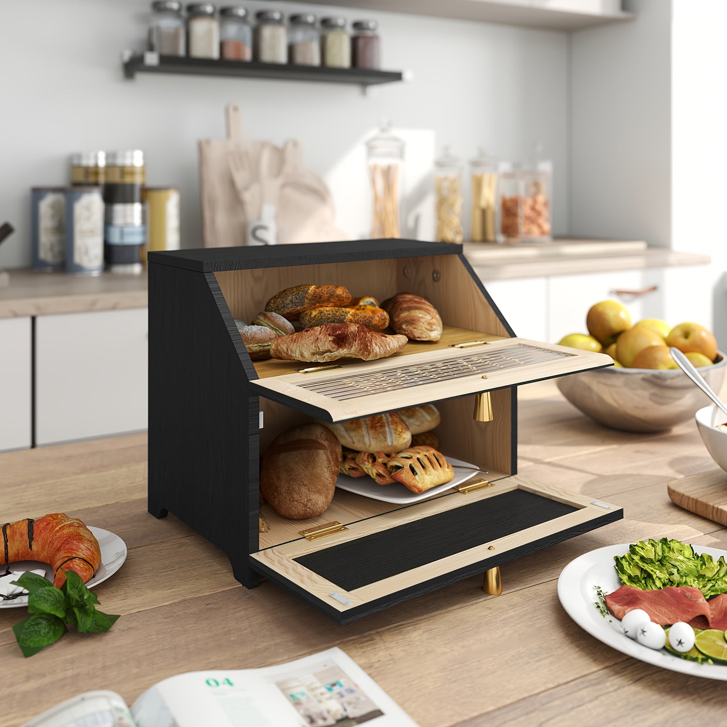 Golden Trim Wooden Bread Box For Kitchen Countertop Storage