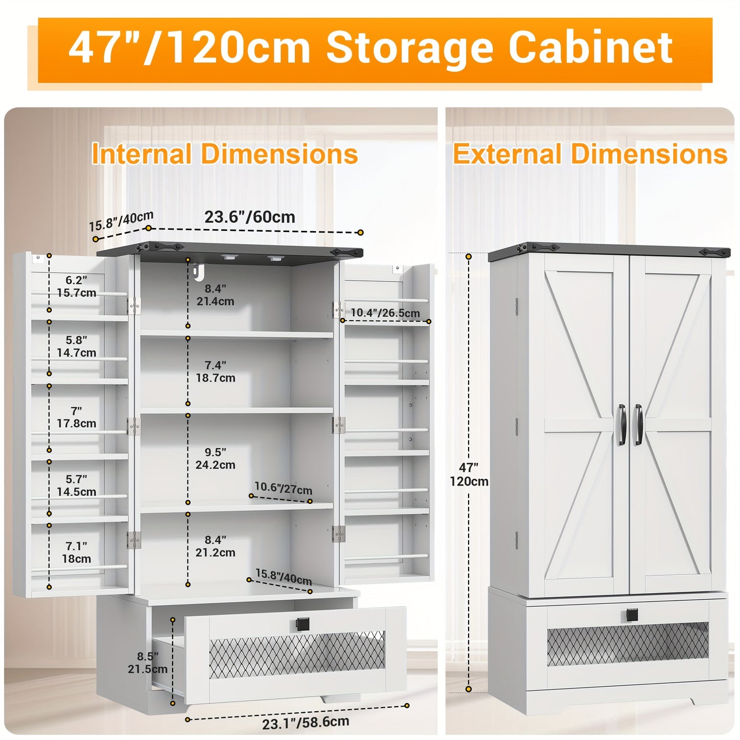 55 Inch Wooden Pantry Cabinet With Shelves And Drawer