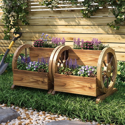 Rustic Wooden 2-Tier Wagon Planter for Outdoor Use