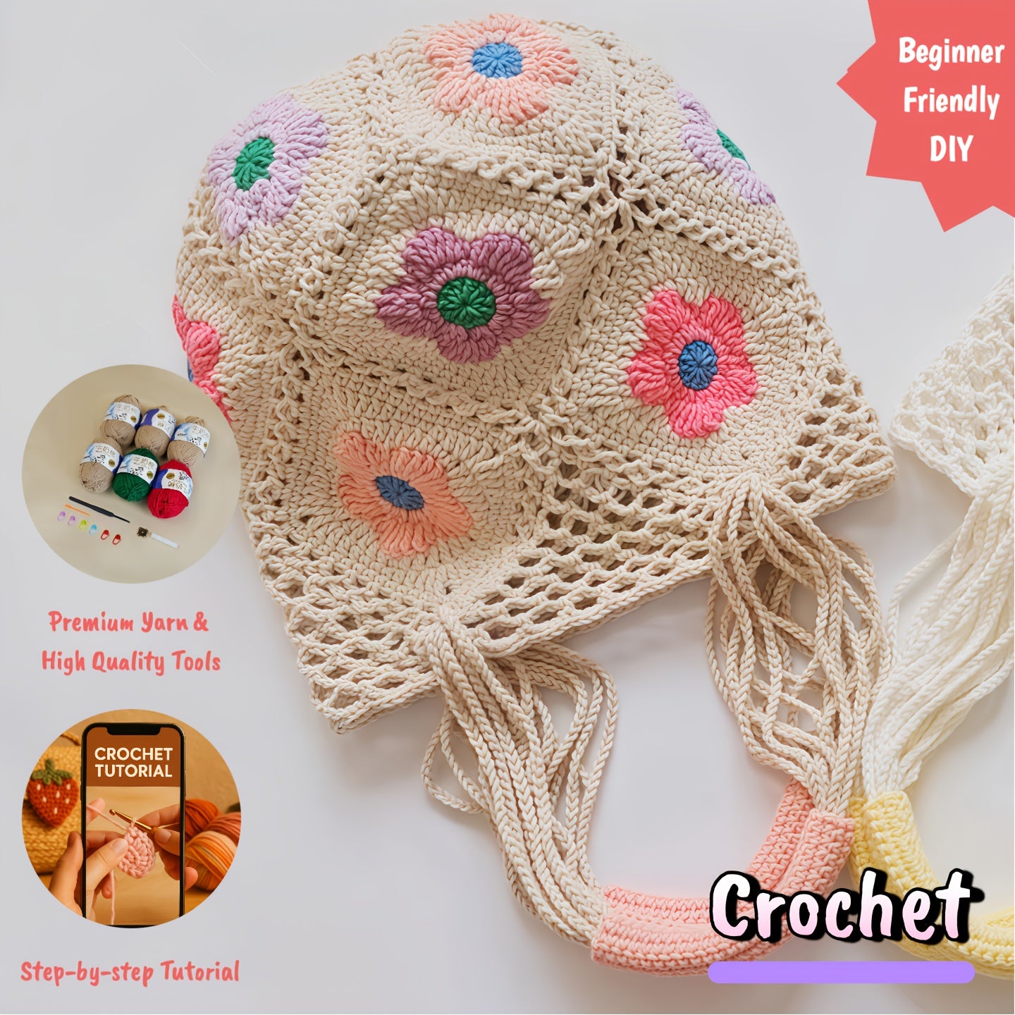 Floral Crochet Bag Kit For Beginners With Premium Yarn