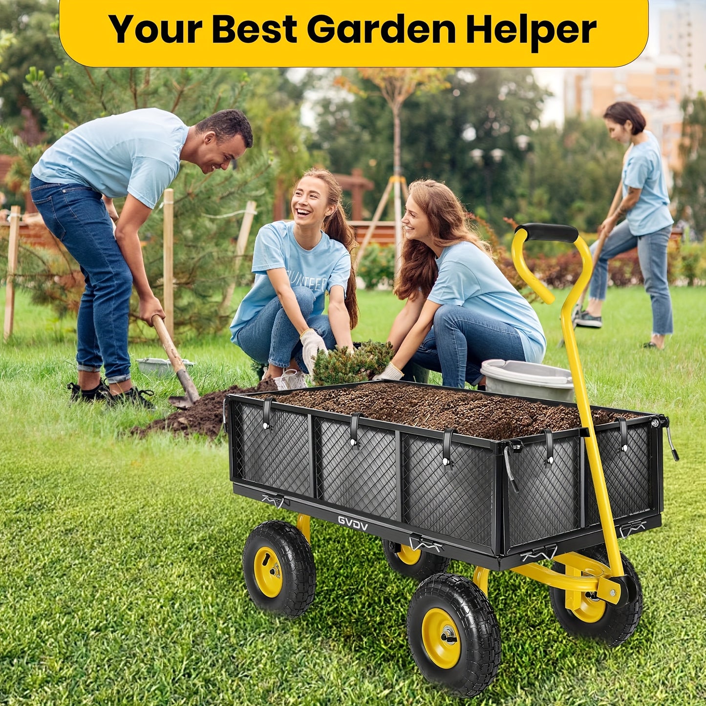 GVDV Heavy Duty Steel Garden Cart With Liner And Mesh Sides