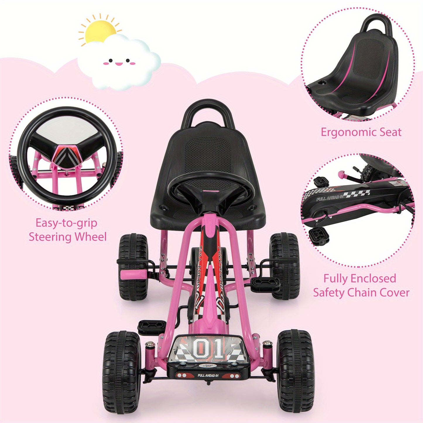 Costway Pink Kids Pedal Go Kart With Handbrake And 4 Wheels