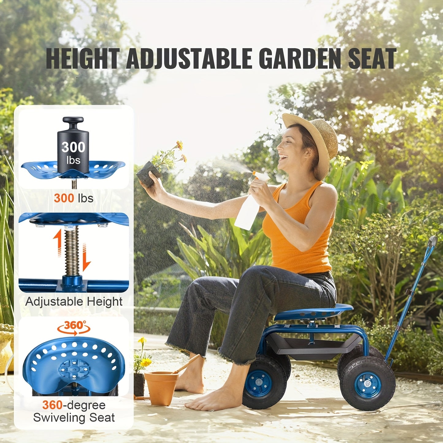 Heavy Duty Adjustable Garden Seat With Wheels Metal Frame