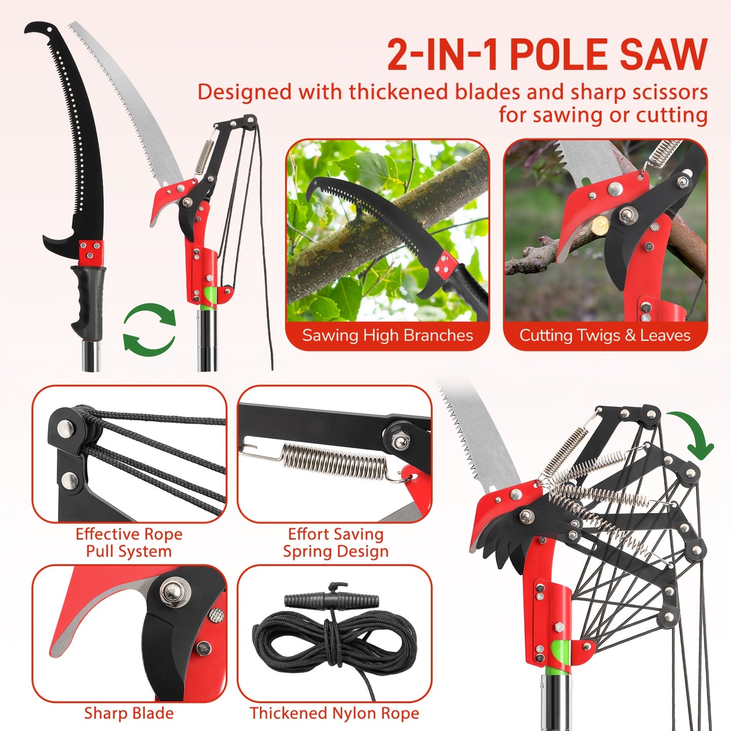 26ft Adjustable Pole Saw With Spiral Blades And Fiberglass