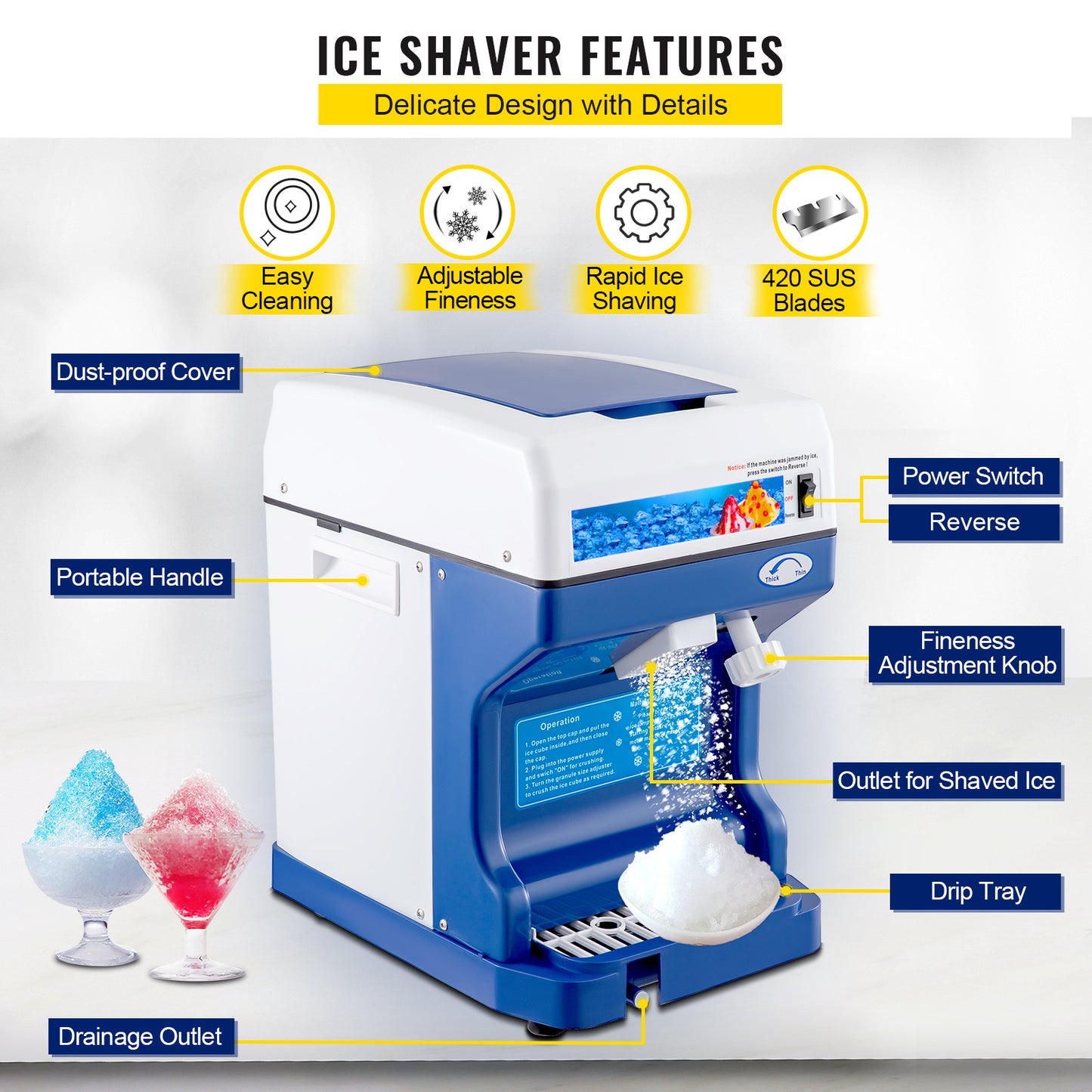 VEVOR 110V Ice Shaving Machine 250W Snow Cone Maker