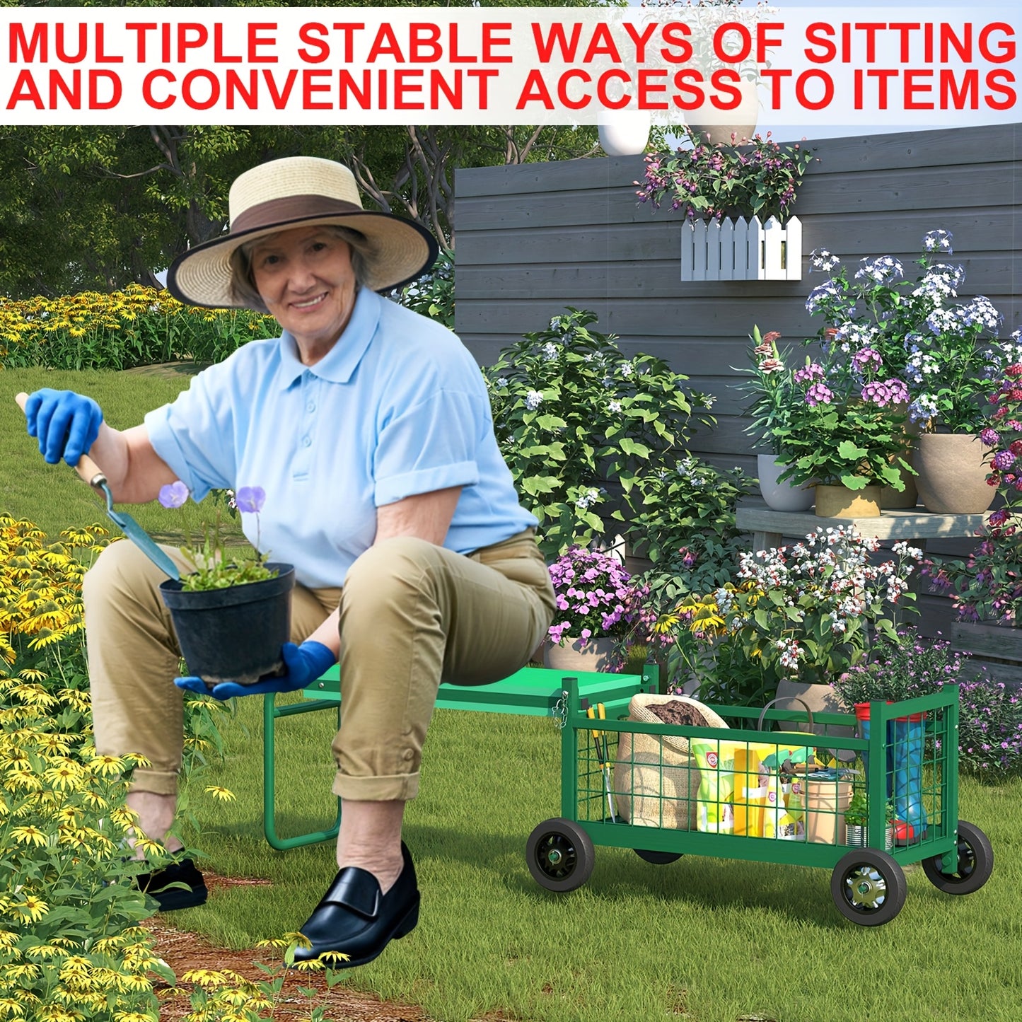 Convertible Heavy-Duty Metal Rolling Garden Seat with Wheels