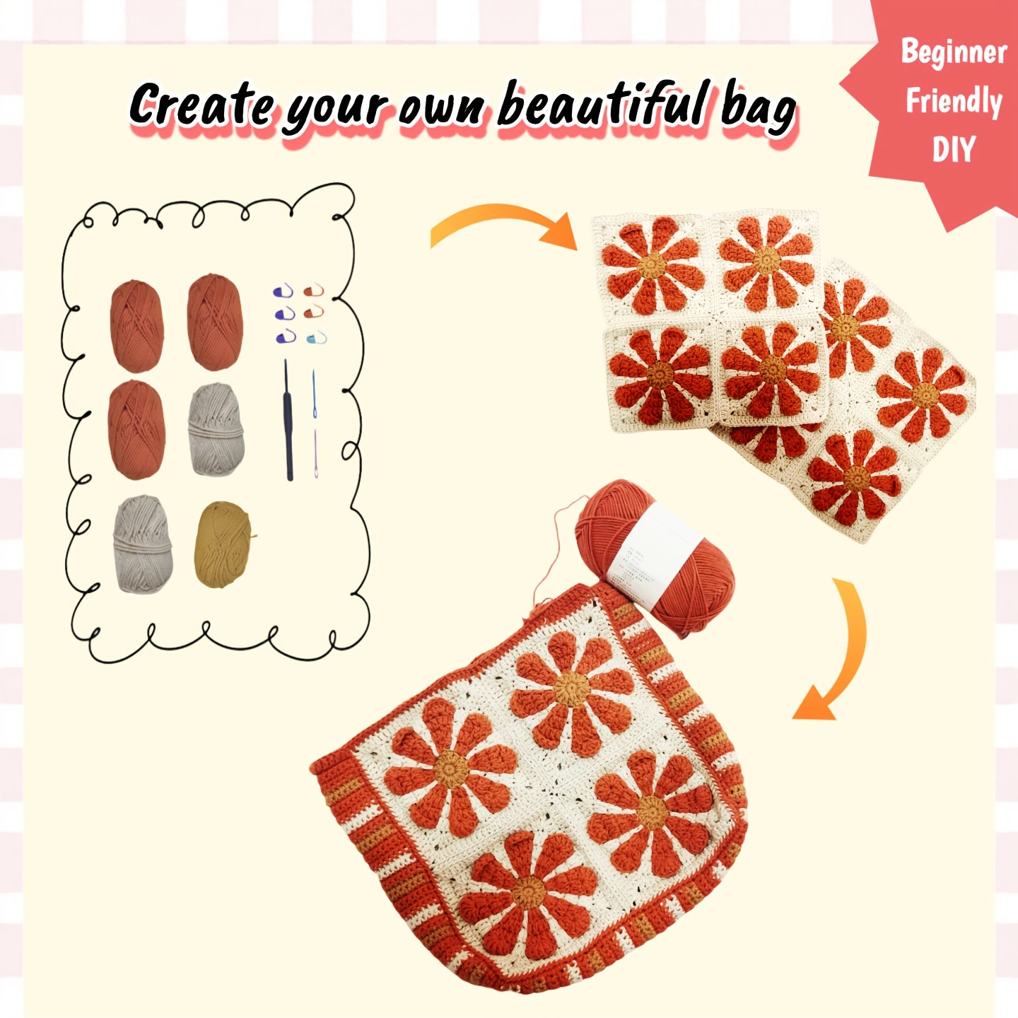 Boho Sunshine Crochet Bag Kit For Beginners With Yarn Tools