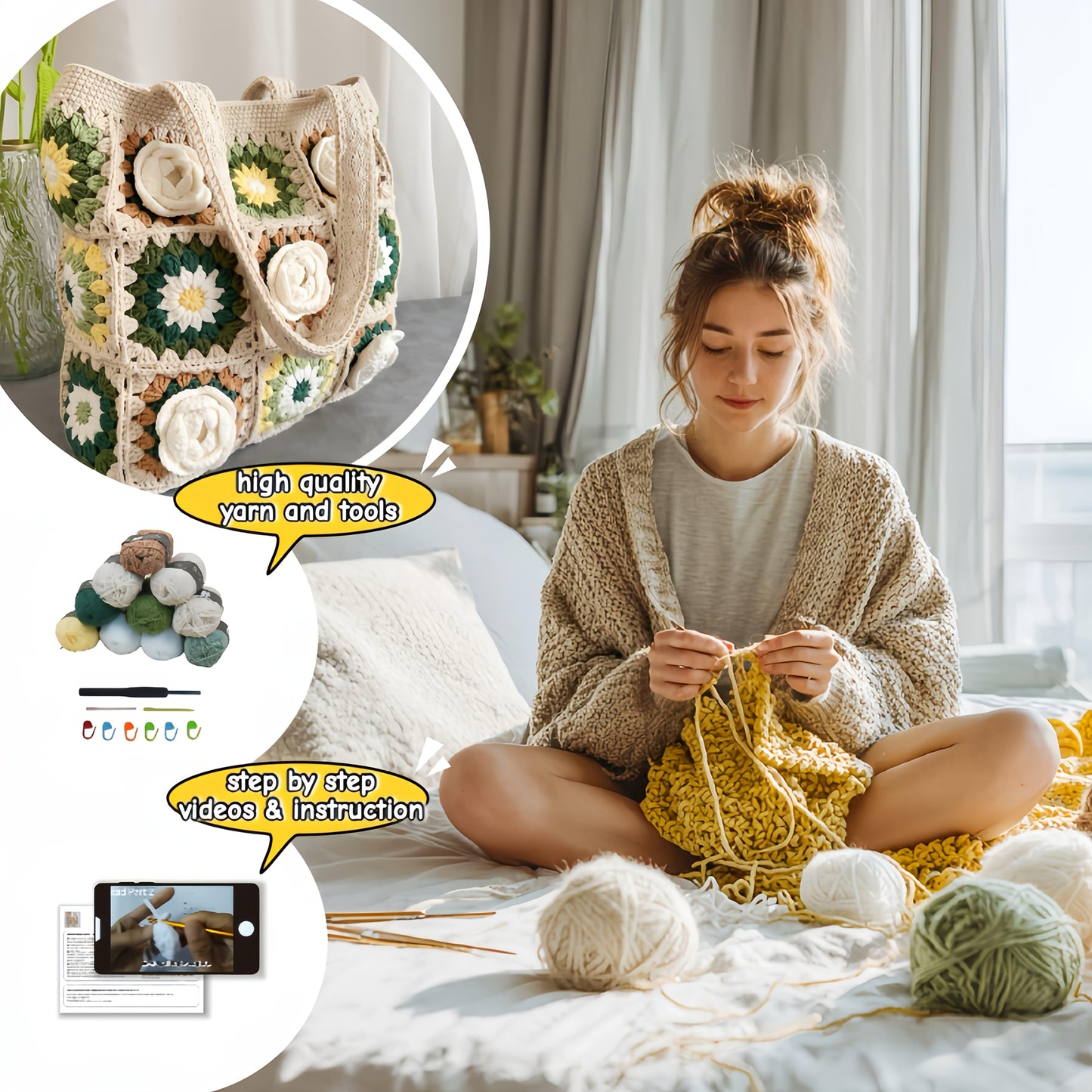 Crochet Kit 3D Camellia Granny Square Bag DIY Tote Set