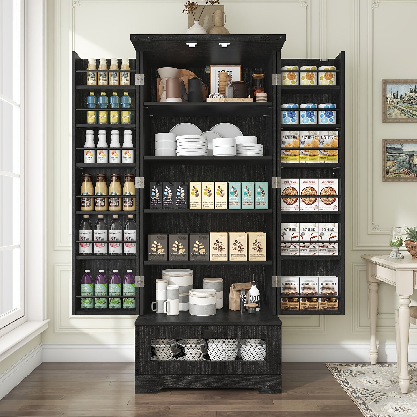 55 Inch Wooden Pantry Cabinet With Shelves And Drawer