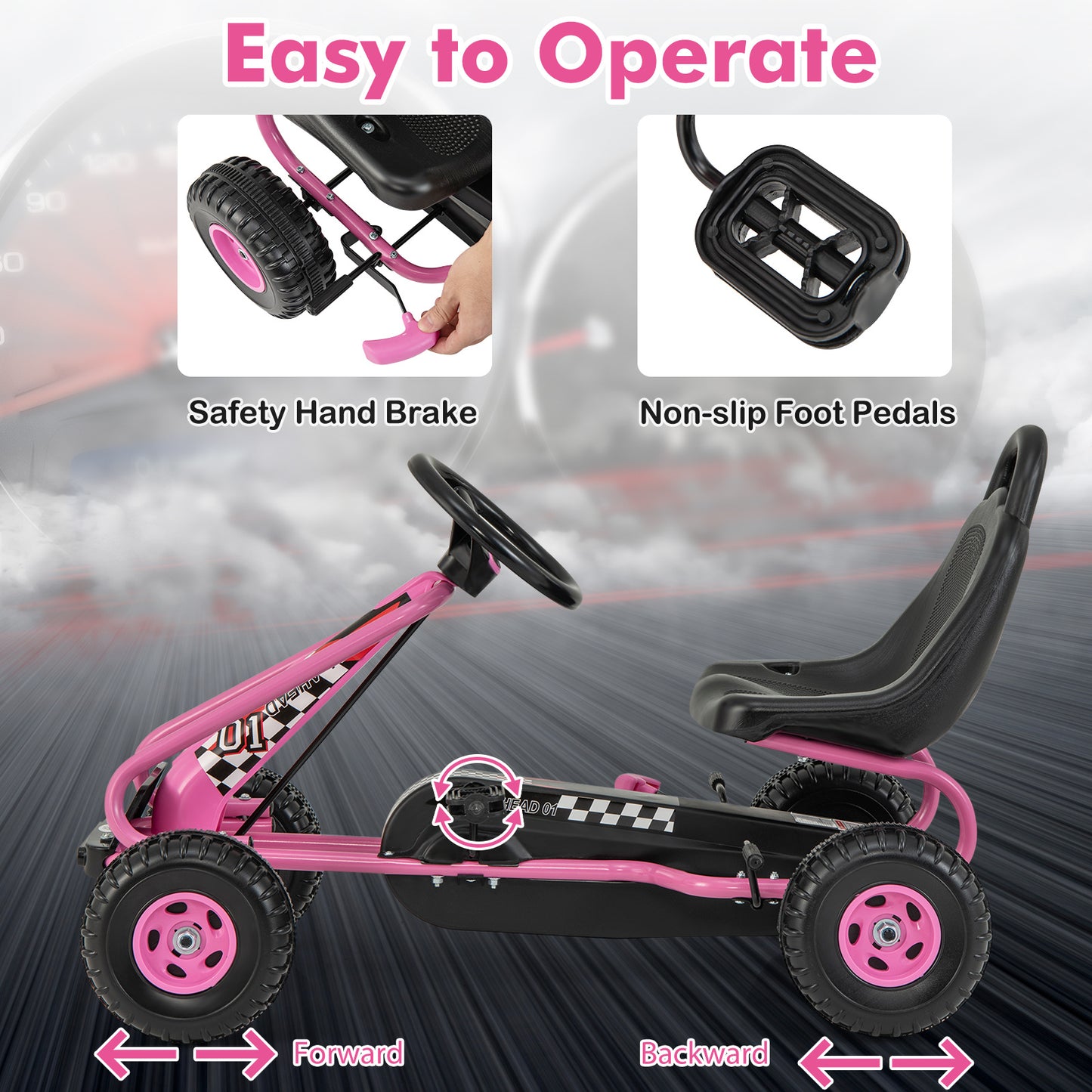 Costway Pink Kids Pedal Go Kart With Handbrake And 4 Wheels
