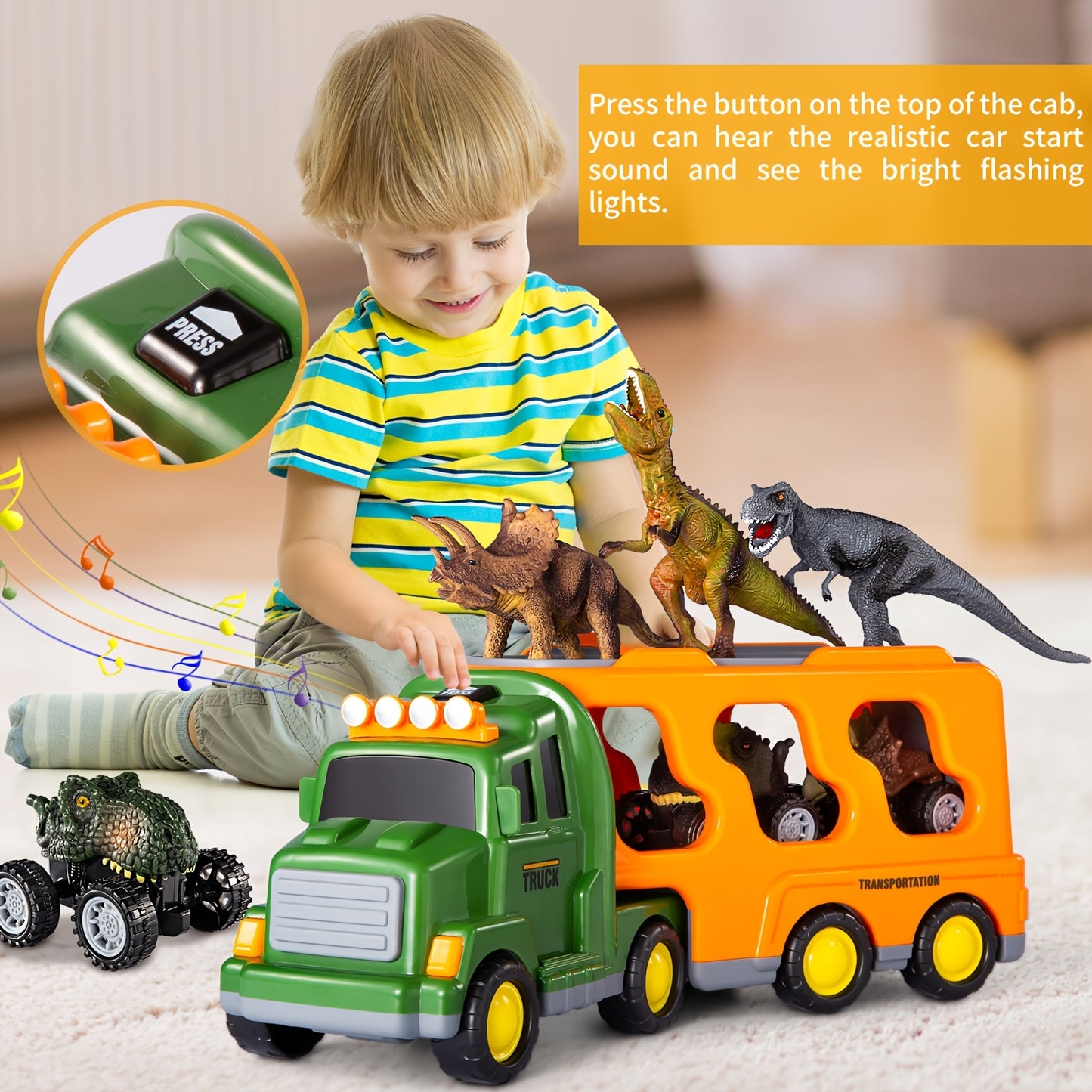 Dinosaur Truck Toy Set With Dino Figures And Monster Cars