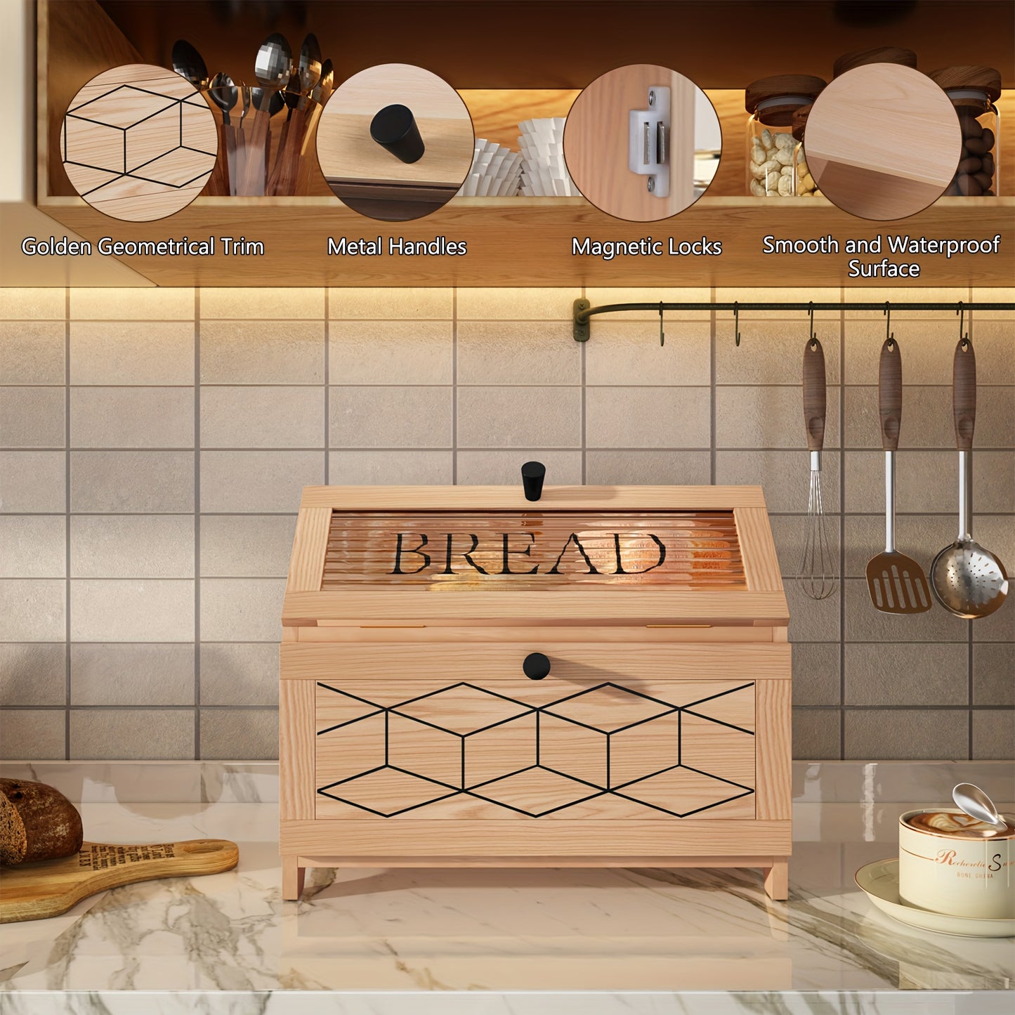 Golden Trim Wooden Bread Box For Kitchen Countertop Storage